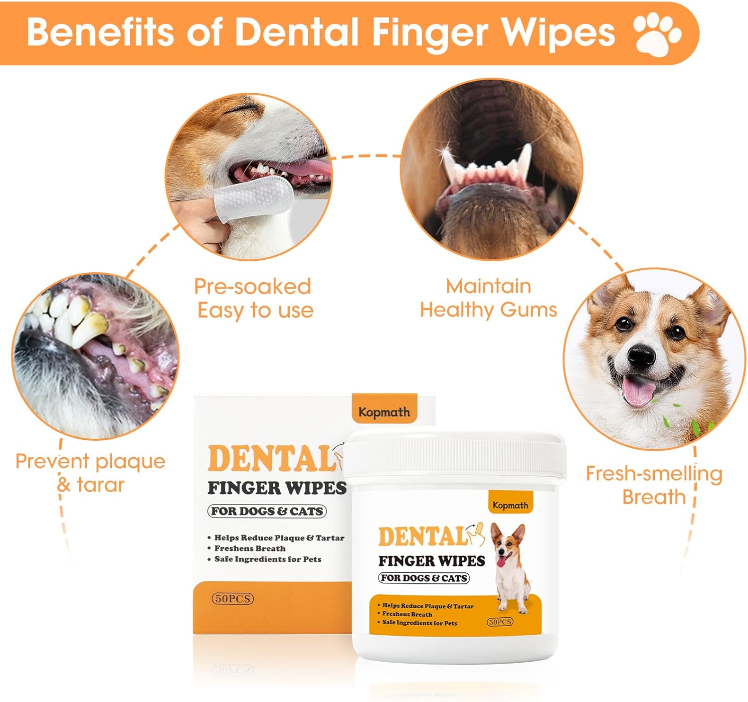Dog&Cat Dental Wipes, Dog Teeth Cleaning Wipes, Reduce Plaque & Tartar, Freshen Breath, Pre-Soaked Pet Dental Care Finger Wipes for Dogs & Cats, Portable Disposable Dog Tooth Wipe Pad, 50 Count