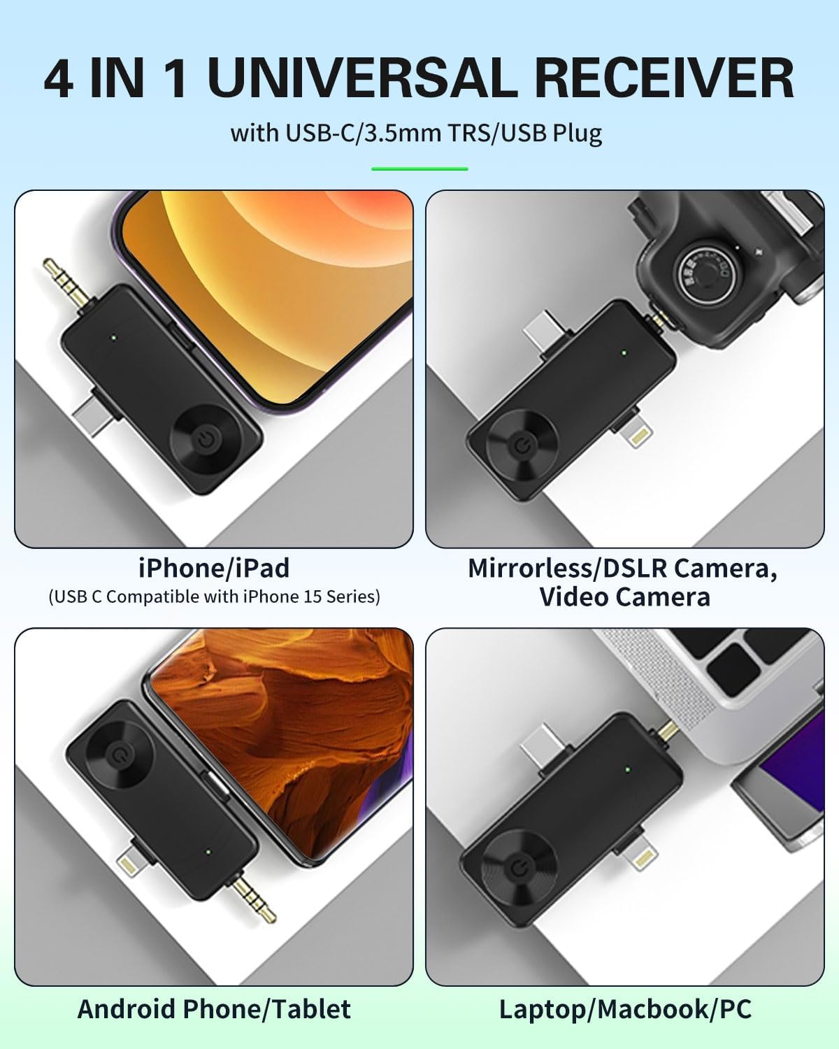 Mini Microphone for iPhone Android Camera iPad USB-C, 4 in 1 Professional Wireless Lavalier Lapel Microphone for Recording, Live Stream, YouTube, Facebook, TikTok, Vlog (2 Pcs)