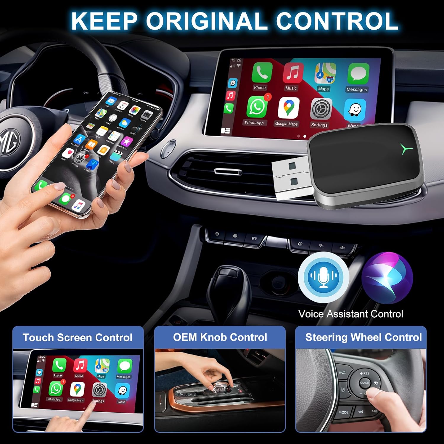 Wireless CarPlay Adapter for iPhone – Plug & Play CarPlay Dongle – Converts Wired CarPlay to Wireless – Fast Auto-Connect, Low Latency, USB-A & USB-C Compatible – English Manual Included