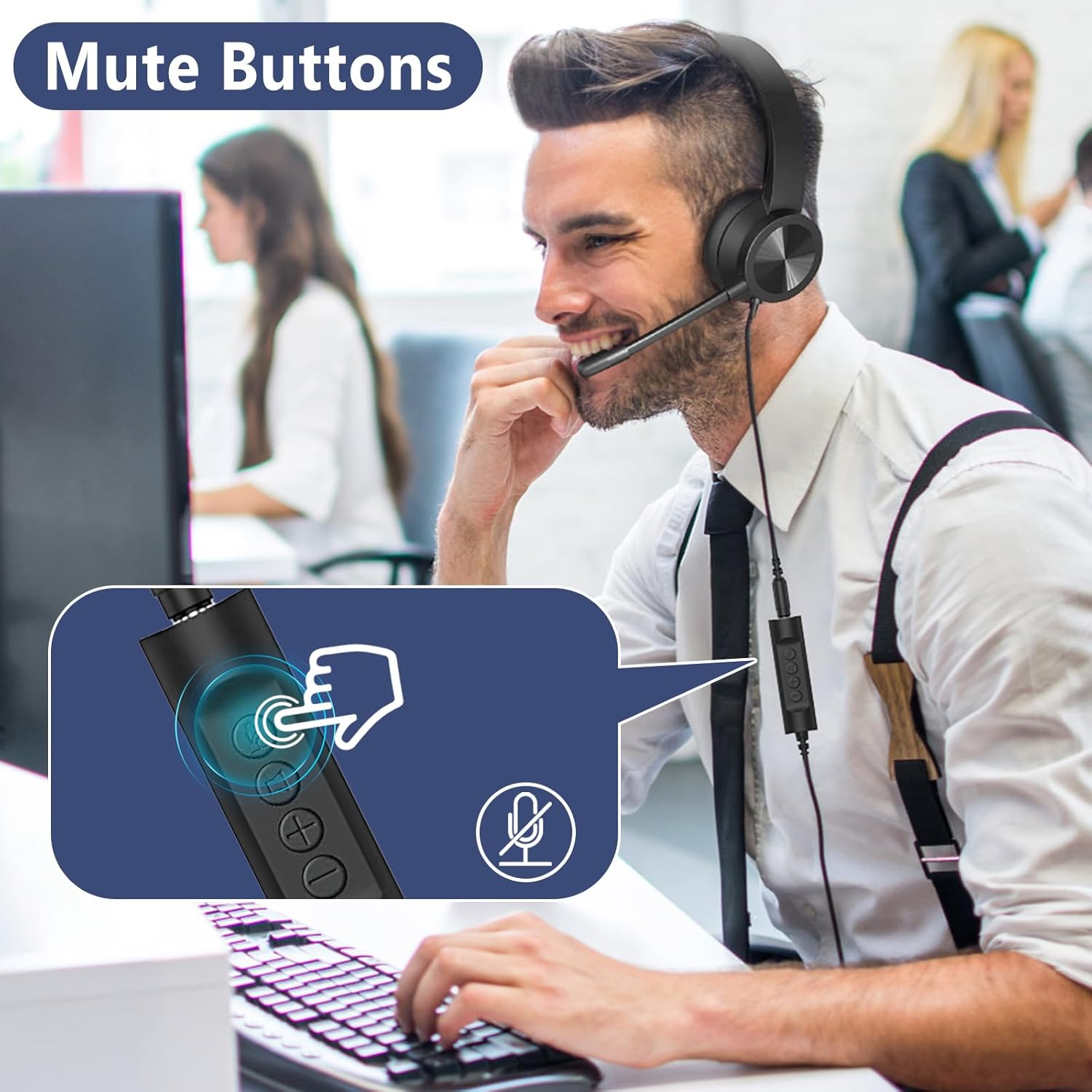 USB Headset with Mic, Wired Over Ear Headphone, ANC and Noise Cancelling Microphone of 330 Degrees Rotation, Clear Crystal Sound, Adjustable In-line Control Microphone, Comfortable Wearing Design