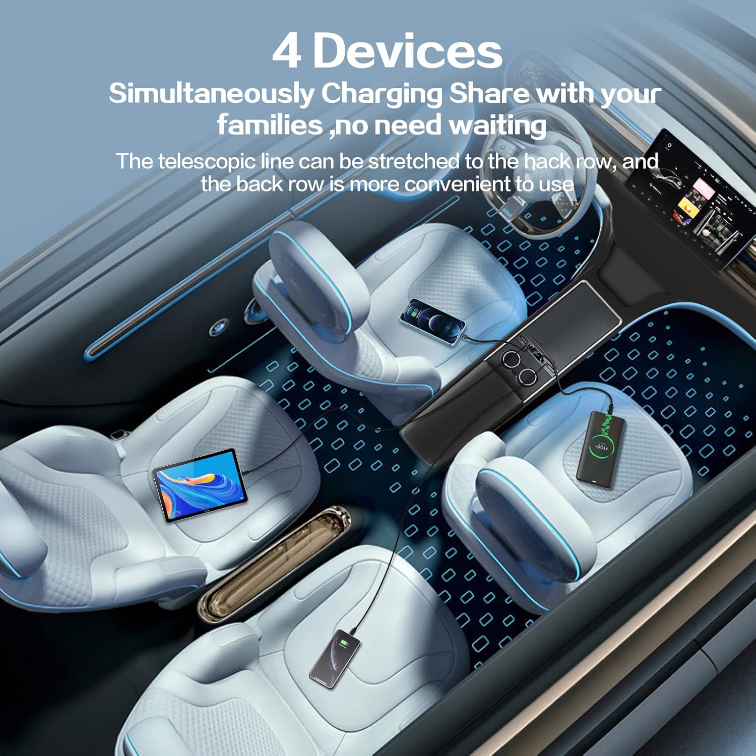 Car USB Charger Multi Port for 2021 2022 2023 Tesla Model 3/Y,Multifunctional Accessories with Logo and Retractable Cable,Tesla hub 100% Fit Center Console Adapter,Gifts Owners, black (T10)