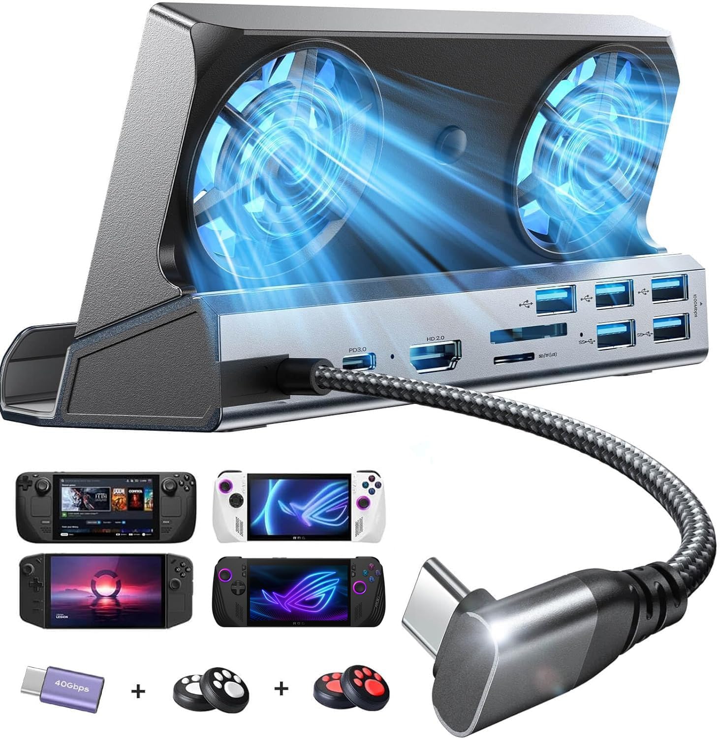 M.A&F's 10-IN-1 Docking Station for Steam Deck OLED&ROG Ally X&Legion Go, Dual Cooling Fan 5 USB Ports and 4K@60Hz, 100W Charging Port Support ROG Ally 30W Mode, Gigabit Ethernet Fit for Steam Deck OLED