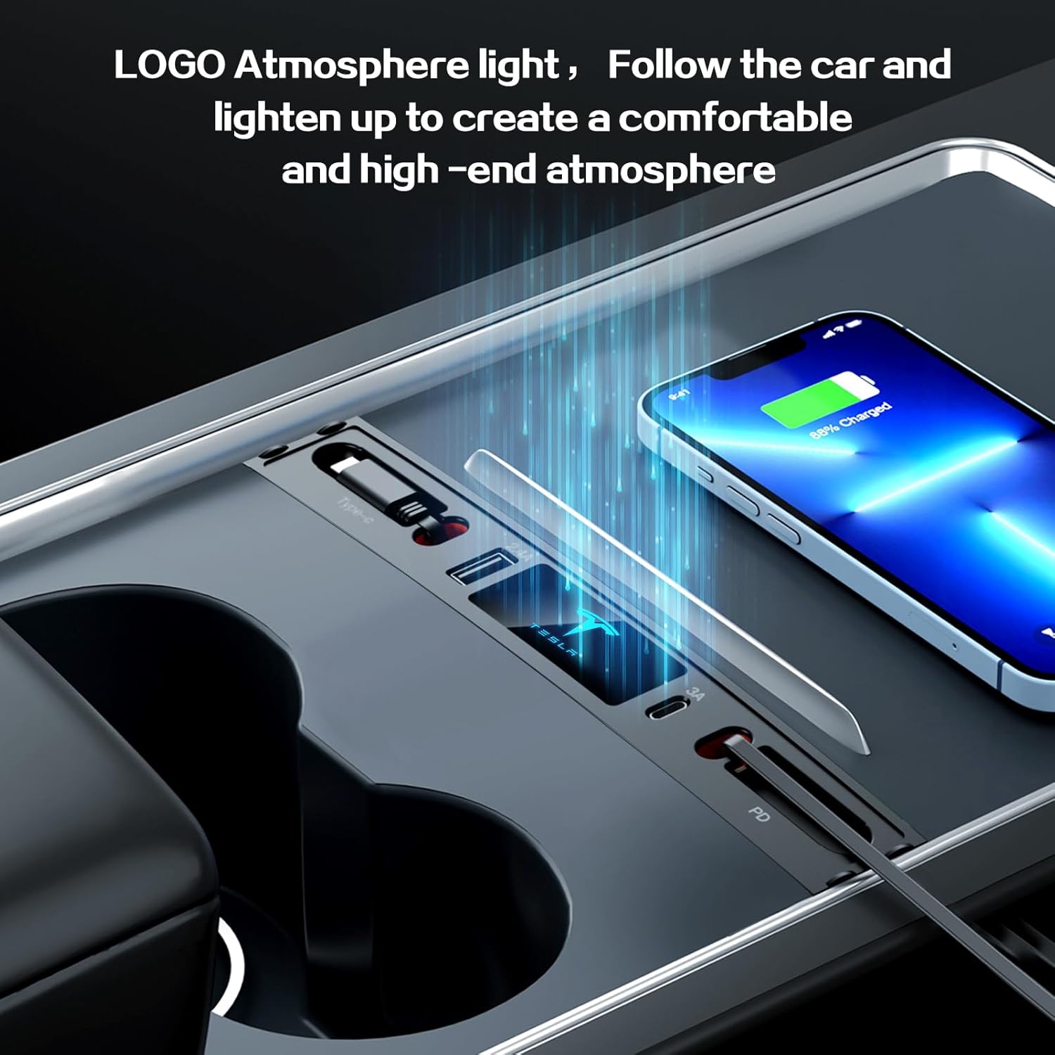Car USB Charger Multi Port for 2021 2022 2023 Tesla Model 3/Y,Multifunctional Accessories with Logo and Retractable Cable,Tesla hub 100% Fit Center Console Adapter,Gifts Owners, black (T10)