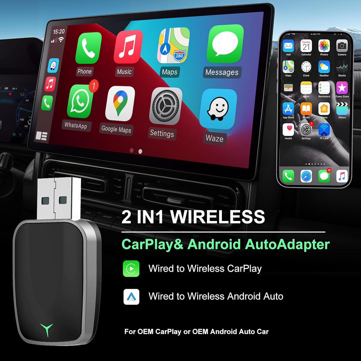 Wireless CarPlay Adapter for iPhone – Plug & Play CarPlay Dongle – Converts Wired CarPlay to Wireless – Fast Auto-Connect, Low Latency, USB-A & USB-C Compatible – English Manual Included