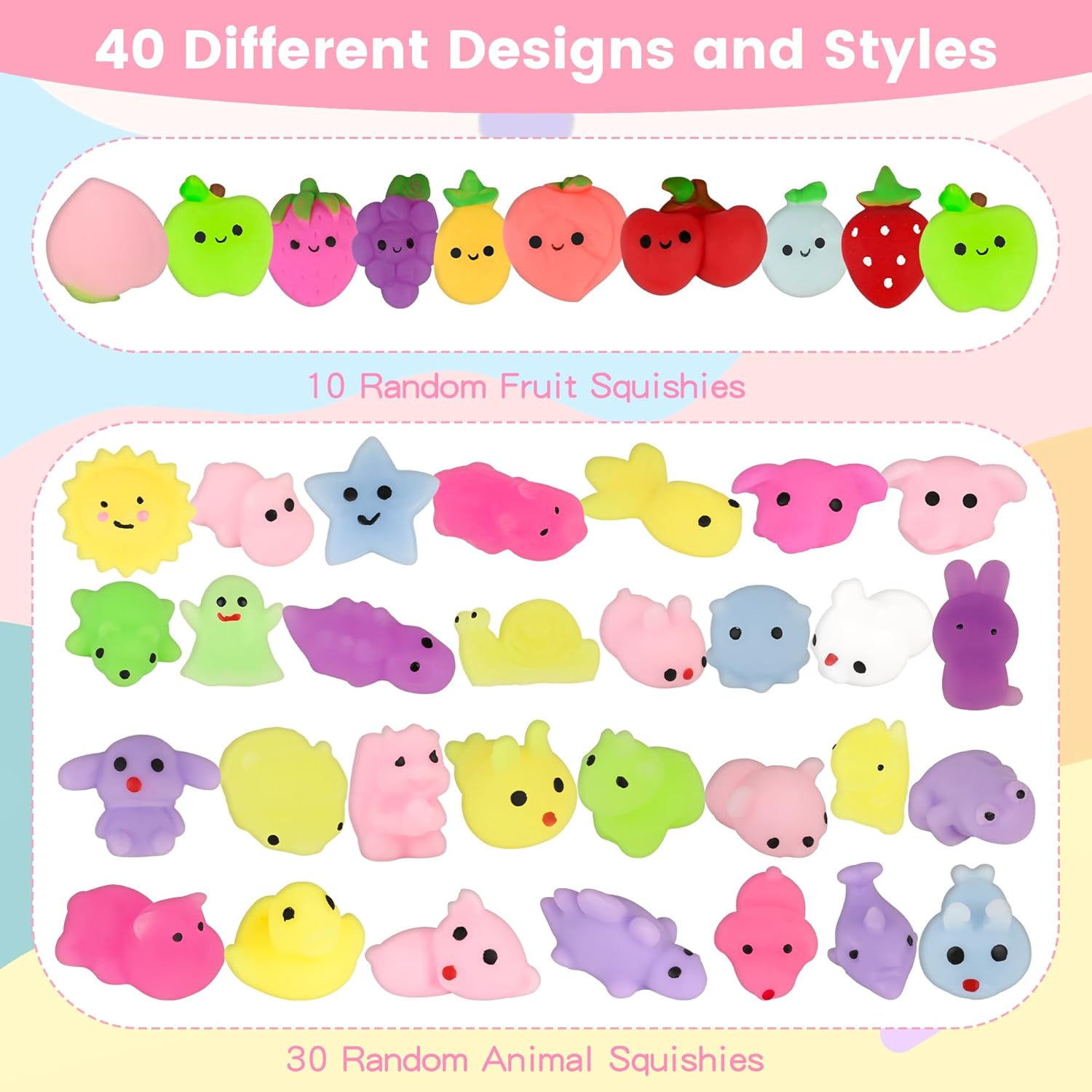 40 Pcs Kawaii Squishies, Mochi Squishy Toys for Kids Party Favors, Mini Stress Relief Toys for Party Favors, Classroom Prizes, Birthday Gift, Goodie Bag Stuffers (Animals)
