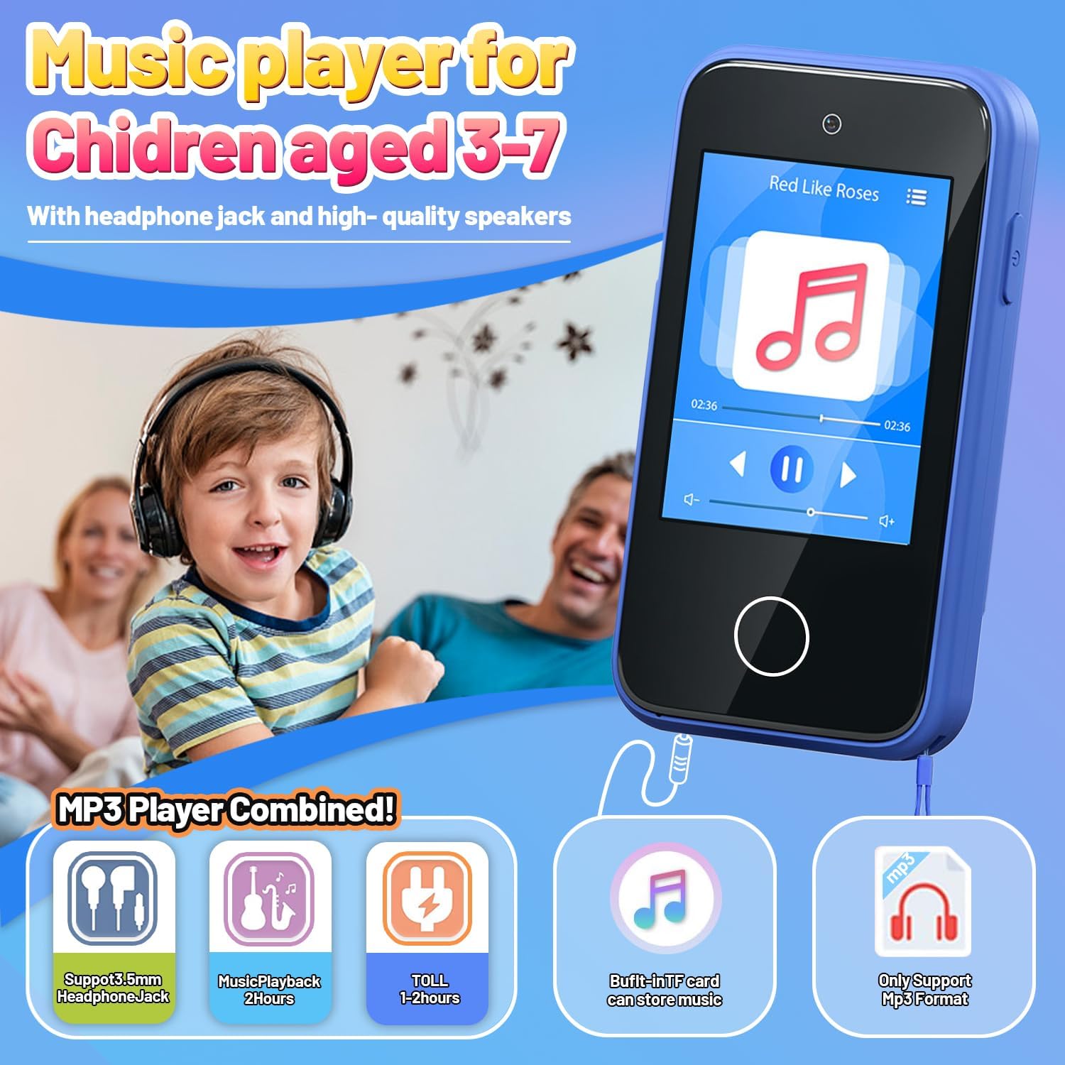 M.A&F's Kids Smart Phone Toys for Boys Ages 3-7 with Dual Camera - Toddler Phone Toys with Learning Games, Travel Toys with MP3 Music Player for Birthday Gifts for 3 4 5 6 7 Year Old Kids (Blue1)