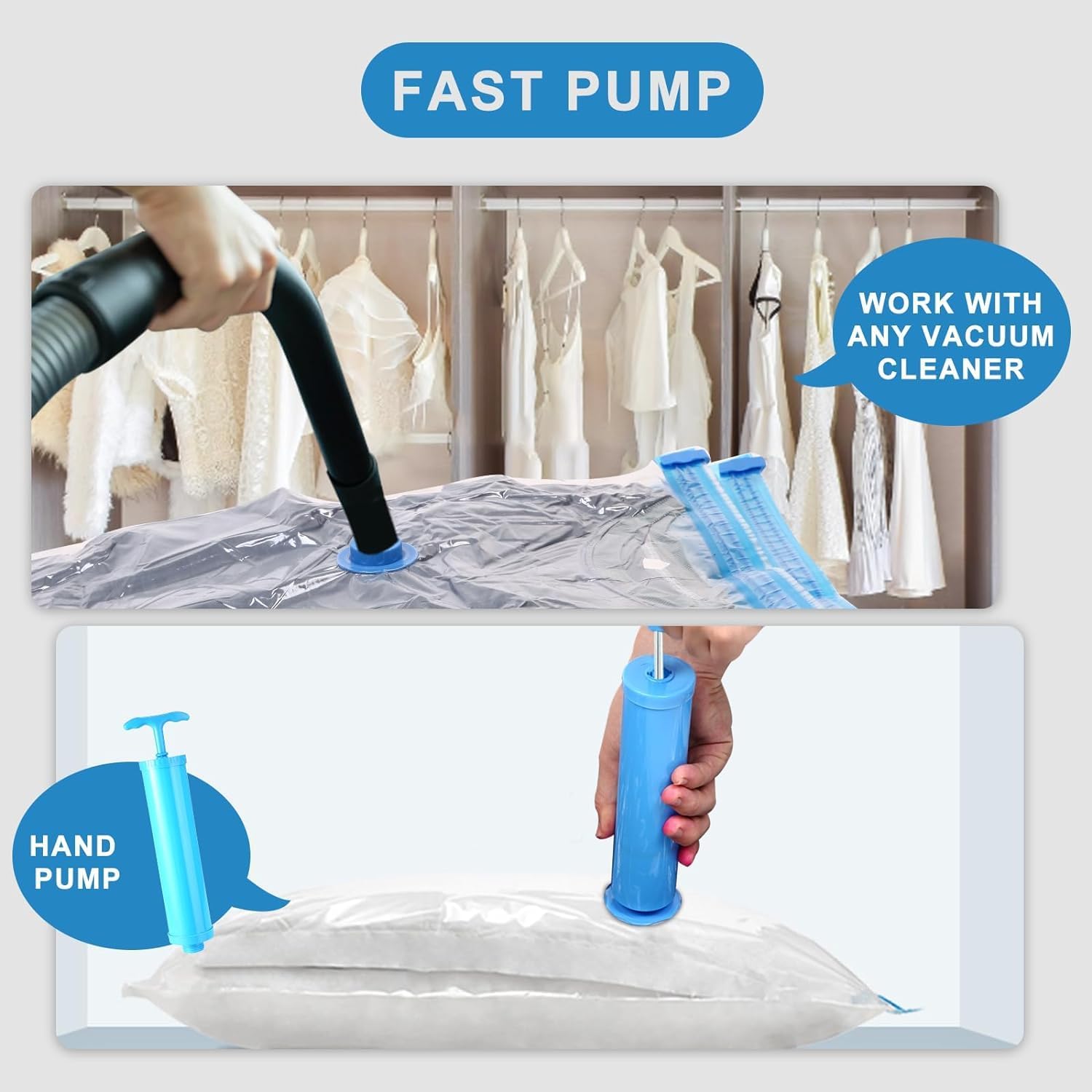 M.A&F's Vacuum Storage Bags - Pack of 18 (3Jumbo/6 Large/6 Medium/3 Pumps) Re-usable Travel Compression Storage Bags For Clothes, Comforters & Blankets - Space Saver Bags with Hand Pump
