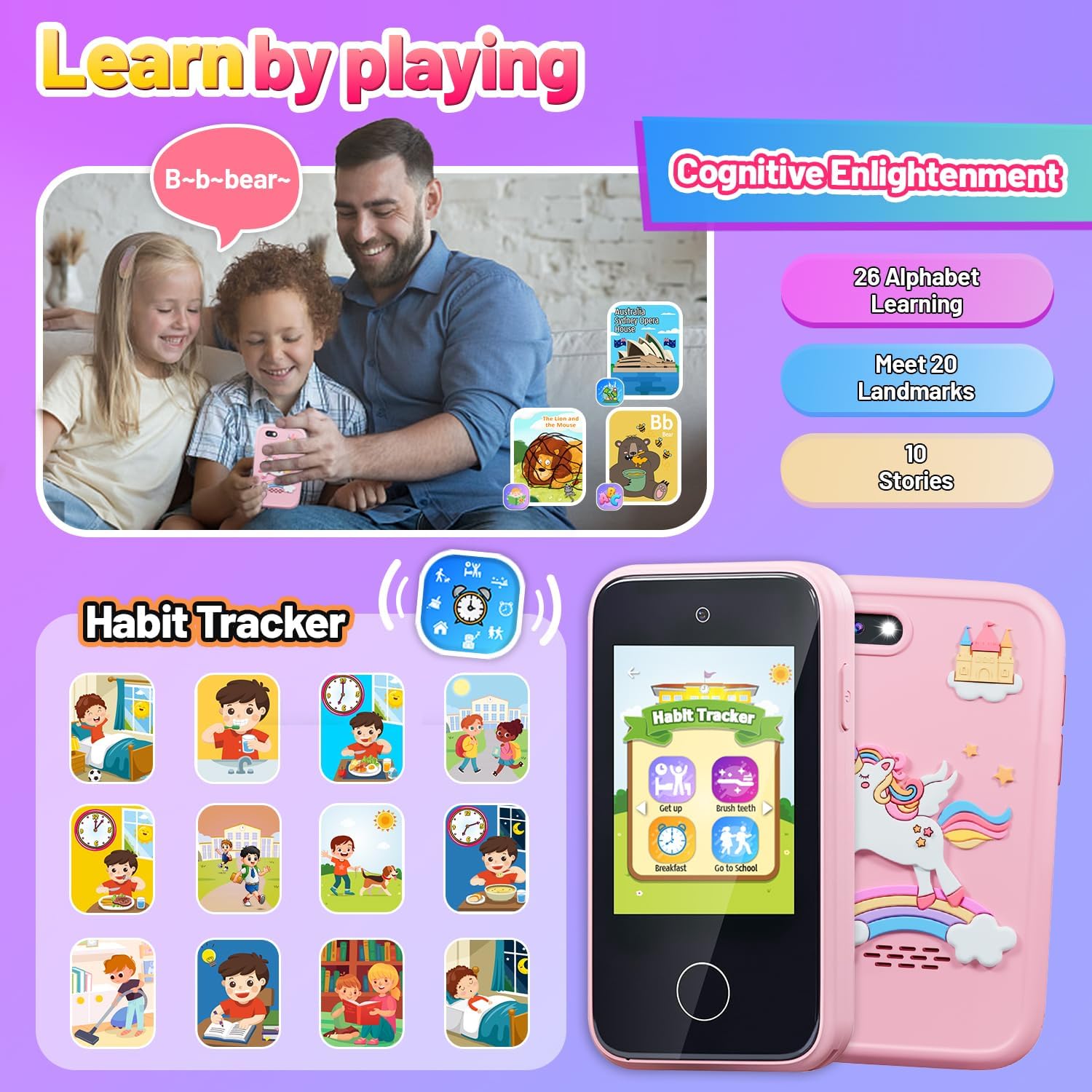 Kids Smart Phone Toys for Girls Ages 3-7 with Dual Camera - Toddler Phone Toys with Learning Games, Travel Toys with MP3 Music Player for Birthday Gifts for 3 4 5 6 7 Year Old Kids (Pink1)