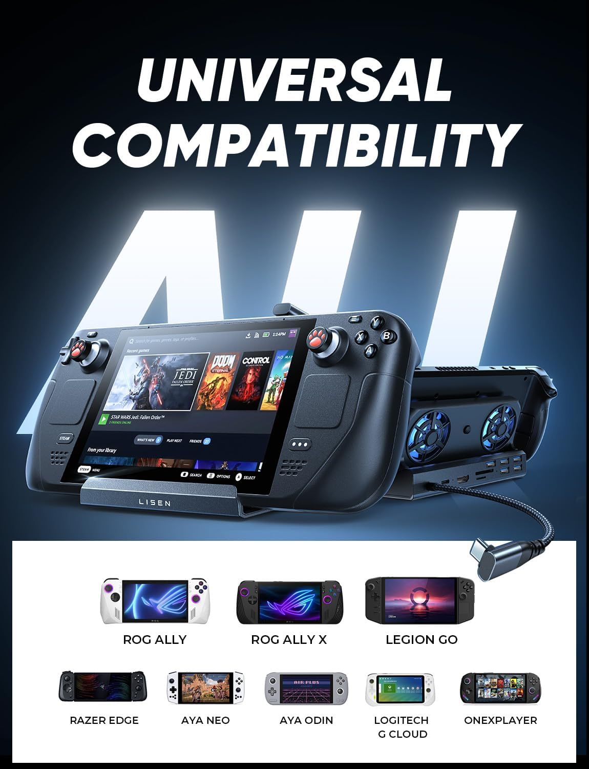 M.A&F's 10-IN-1 Docking Station for Steam Deck OLED&ROG Ally X&Legion Go, Dual Cooling Fan 5 USB Ports and 4K@60Hz, 100W Charging Port Support ROG Ally 30W Mode, Gigabit Ethernet Fit for Steam Deck OLED