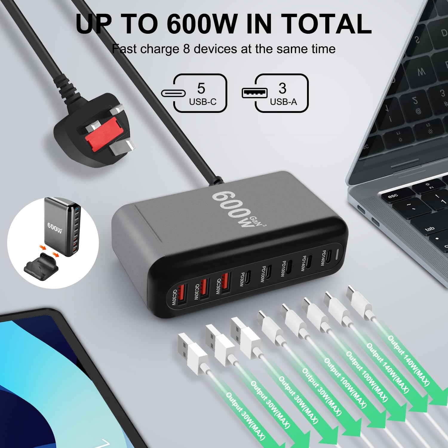 M.A&F's 600W USB A&USB C 【New Update】Charging Station,5 Type-C Ports 【2×140W, 2x 100W,1x30W】 and 3 USB Ports 【QC30W】 Charge Charging Station Type-C hub,GaN Technology