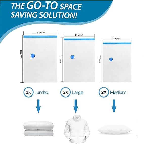 Vacuum Storage Bags - Pack of 6 (1 Jumbo/2 Large/2 Medium/1 Pump) Re-usable Travel Compression Storage Bags For Clothes- Comforters & Blankets - Space Saver Sealer Bags with Hand Pump