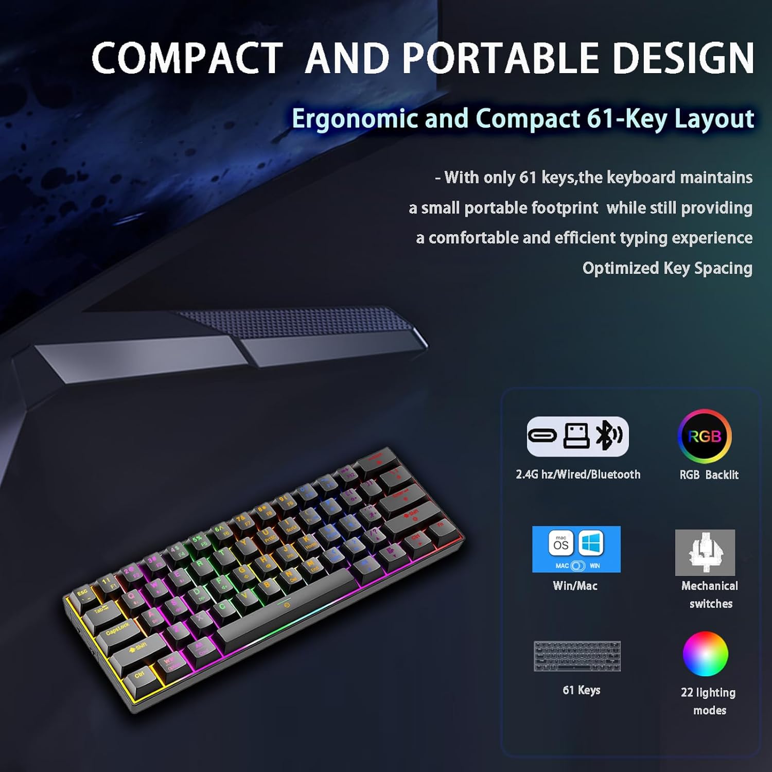 M.A&F's Wireless Bluetooth Tri-Mode (2.4G/Bluetooth/USB-C) Mechanical Keyboard, Multi-Platform Support (Windows/Mac/Linux/Tablet), Rechargeable 61-Key RGB Backlit Brown Switch Gaming Keyboard