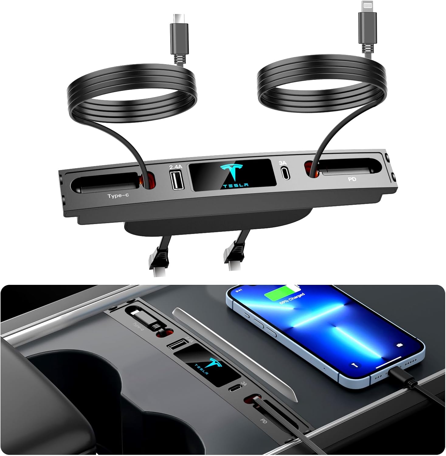 Car USB Charger Multi Port for 2021 2022 2023 Tesla Model 3/Y,Multifunctional Accessories with Logo and Retractable Cable,Tesla hub 100% Fit Center Console Adapter,Gifts Owners, black (T10)
