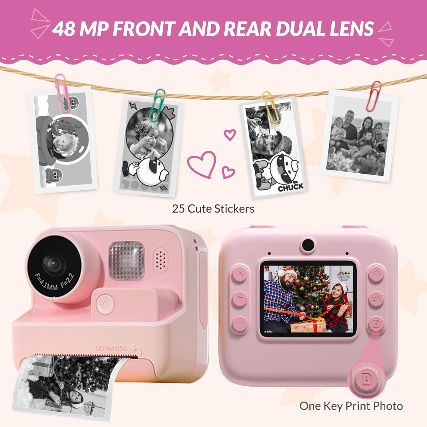 Kids Camera Instant Print, 48MP Digital Camera with Zero Ink, Selfie 1080P Video Camera with 32G TF Card, Toys Gifts for Girls Boys Aged 3-12 for Christmas/Birthday/Holiday (pink) (Pink)