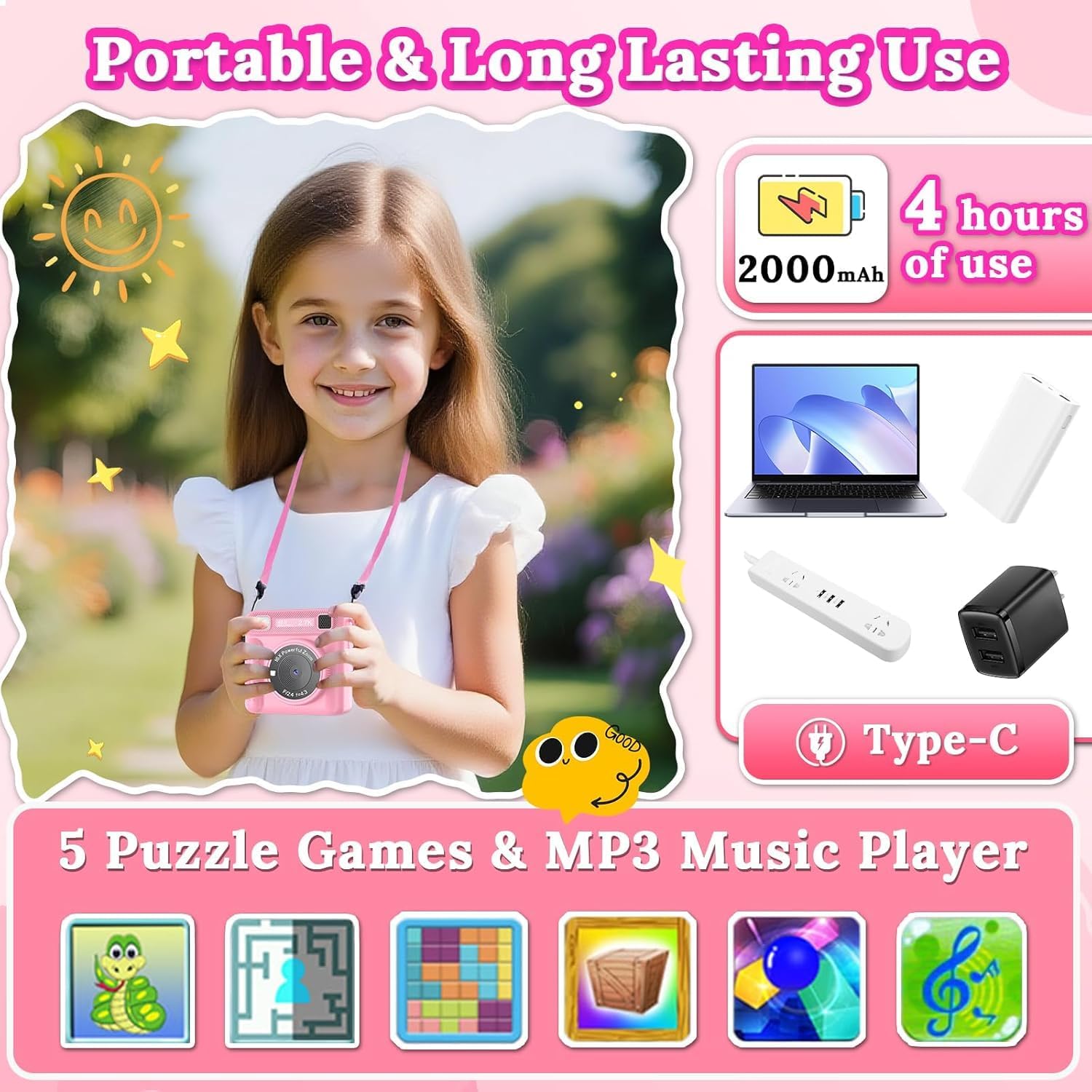 Camera For Kids,Instant Print Camera Portable Video Camera Toy For Girls & Boys,Hd Digital Video 32Gb Sd Card Birthday Gifts (Pink)