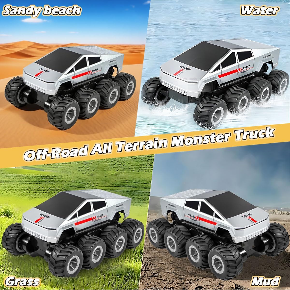 M.A&F's Amphibious Remote Control Car, 8WD 2.4GHz 1:18 Electric Vehicle Toy Off-Road Monster Truck with 2 Batteries, Waterproof Omni-Direction High-Speed Pickup All Terrain RC Jeep Gift for Boy Girl Age 6+