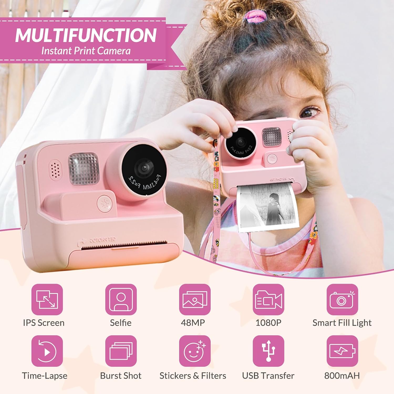 Kids Camera Instant Print, 48MP Digital Camera with Zero Ink, Selfie 1080P Video Camera with 32G TF Card, Toys Gifts for Girls Boys Aged 3-12 for Christmas/Birthday/Holiday (pink) (Pink)