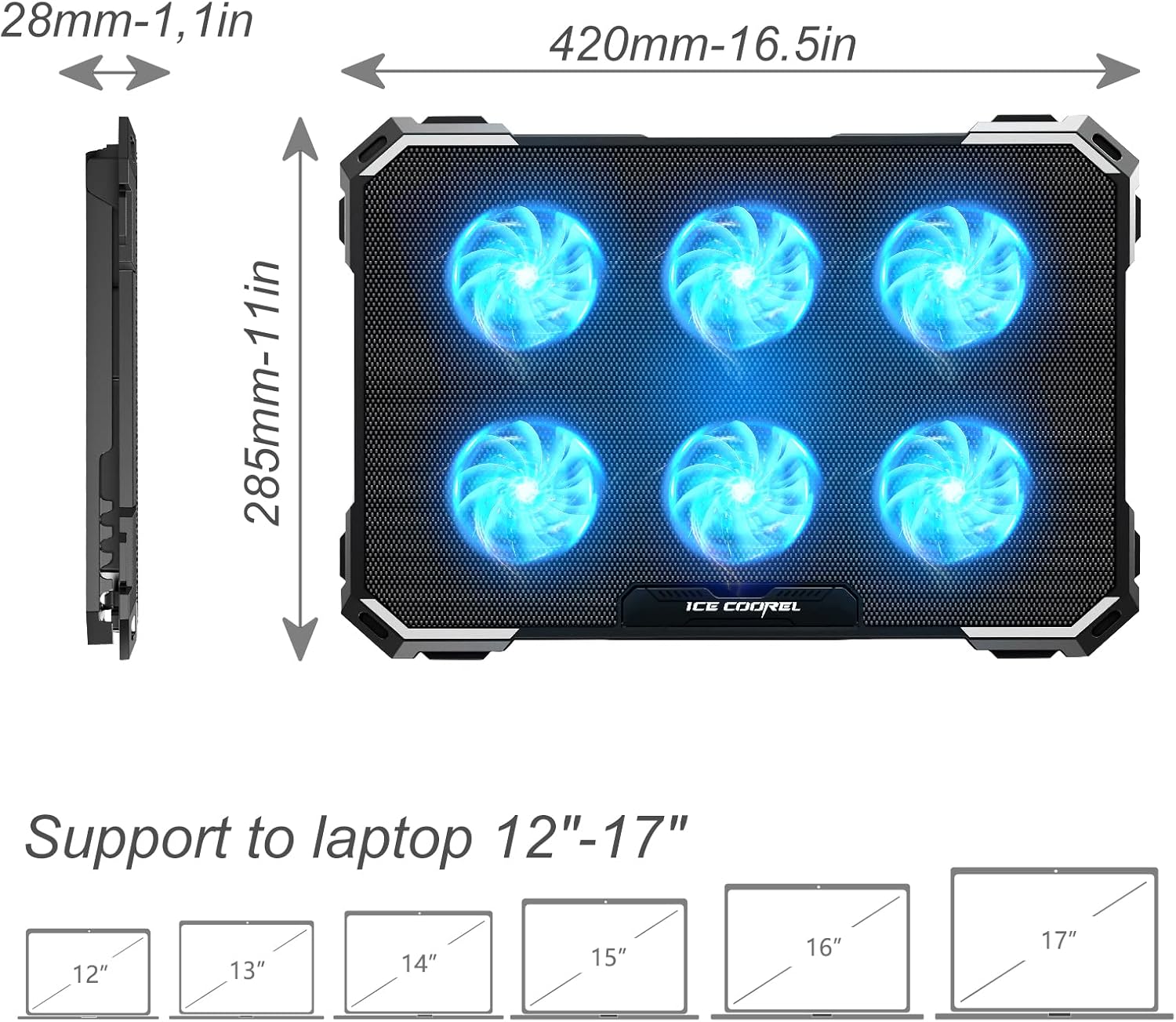 M.A&F's Laptop Cooling Pad with 6 Cooling Fans, Cooling Pad for Laptop Fan 13-15.6 Inch, Laptop Cooler Stand with 6 Height Adjustable, Notebook Cooler Pad with Two USB Port
