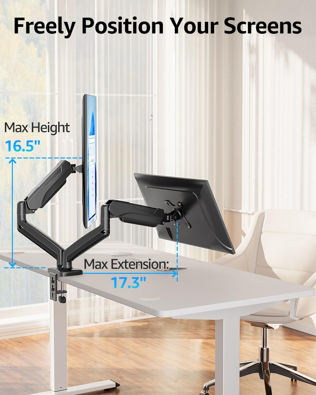 M.A&F's Dual Monitor Stand for Desk, Adjustable Gas Spring Double Monitor Mount Holds 4.4-17.6 lbs and 13-32 Inch Screens, Monitor Arms for 2 Monitors, VESA 75x75 100x100 with C-clamp& Grommet, Black