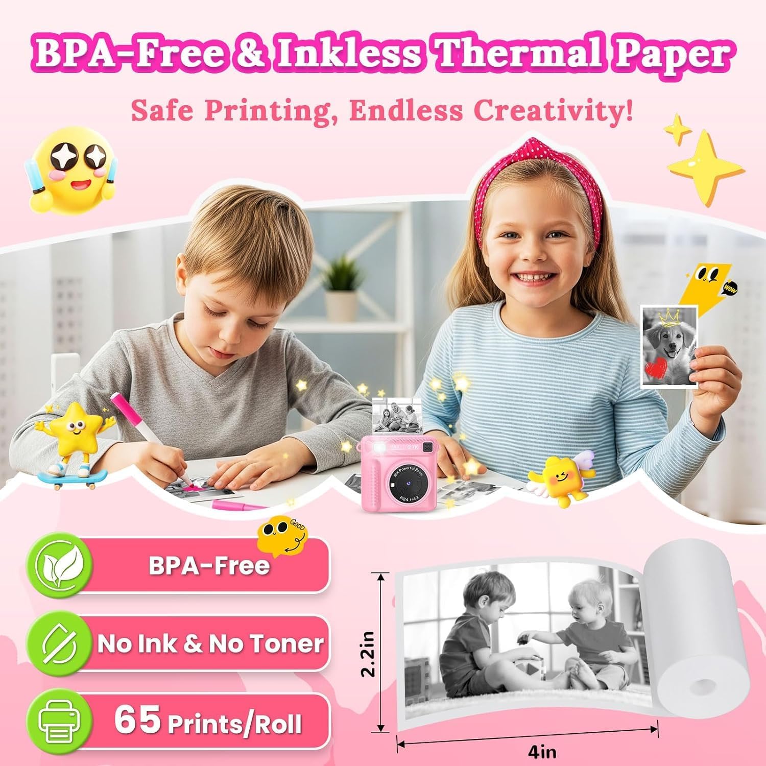 Camera For Kids,Instant Print Camera Portable Video Camera Toy For Girls & Boys,Hd Digital Video 32Gb Sd Card Birthday Gifts (Pink)