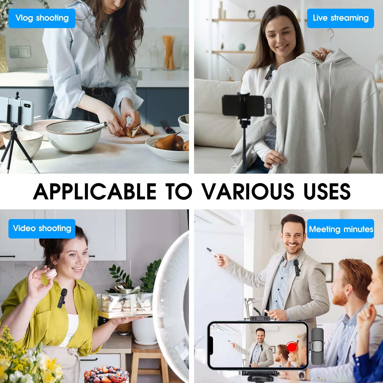 Professional Wireless Lavalier Lapel Microphone for iPhone, iPad - Cordless Omnidirectional Condenser Recording Mic for Interview Video Podcast Vlog YouTube, Bluetooth, Black