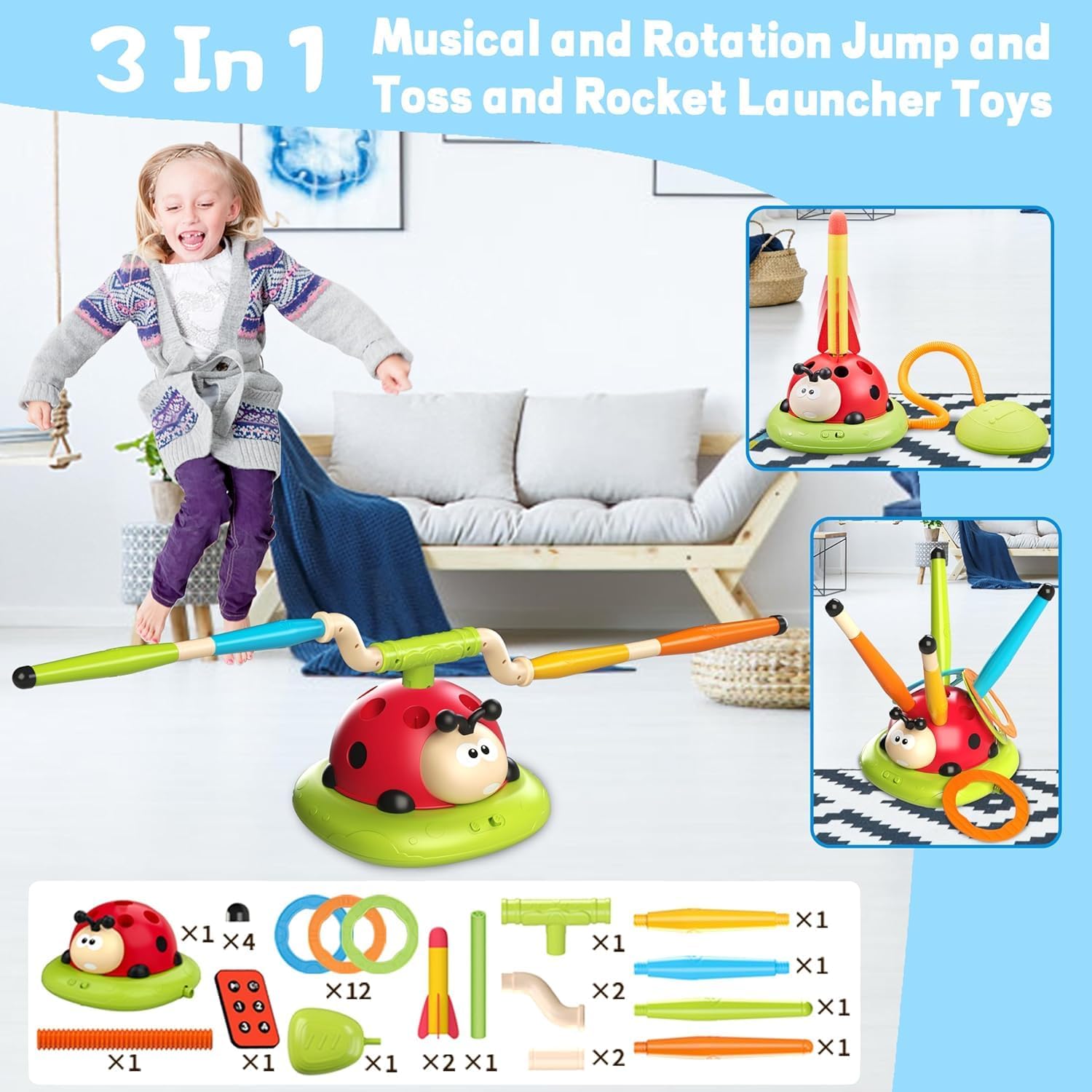 3 in 1 Musical Rope Jump Toy, Ring Toss Game Toy, Stomp & Launch Rocket Launcher, Electronic Fitness Jump Rope Toy for Kids, Kids Toy Sports & Indoor Outdoor Game for 3-5, 6-8,10+ Year Old Boys Girls