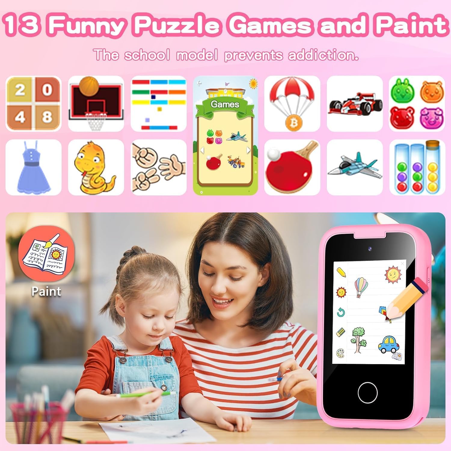 Kids Smart Phone Toys for Girls, Toddler Unicorn Gifts with Dual Camera,Fake Play Toy Mobile phone Learning Game Puzzle MP3 Music Player 3 4 5 6 7 8 Years (Pink)