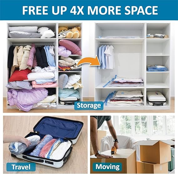Vacuum Storage Bags - Pack of 6 (1 Jumbo/2 Large/2 Medium/1 Pump) Re-usable Travel Compression Storage Bags For Clothes- Comforters & Blankets - Space Saver Sealer Bags with Hand Pump