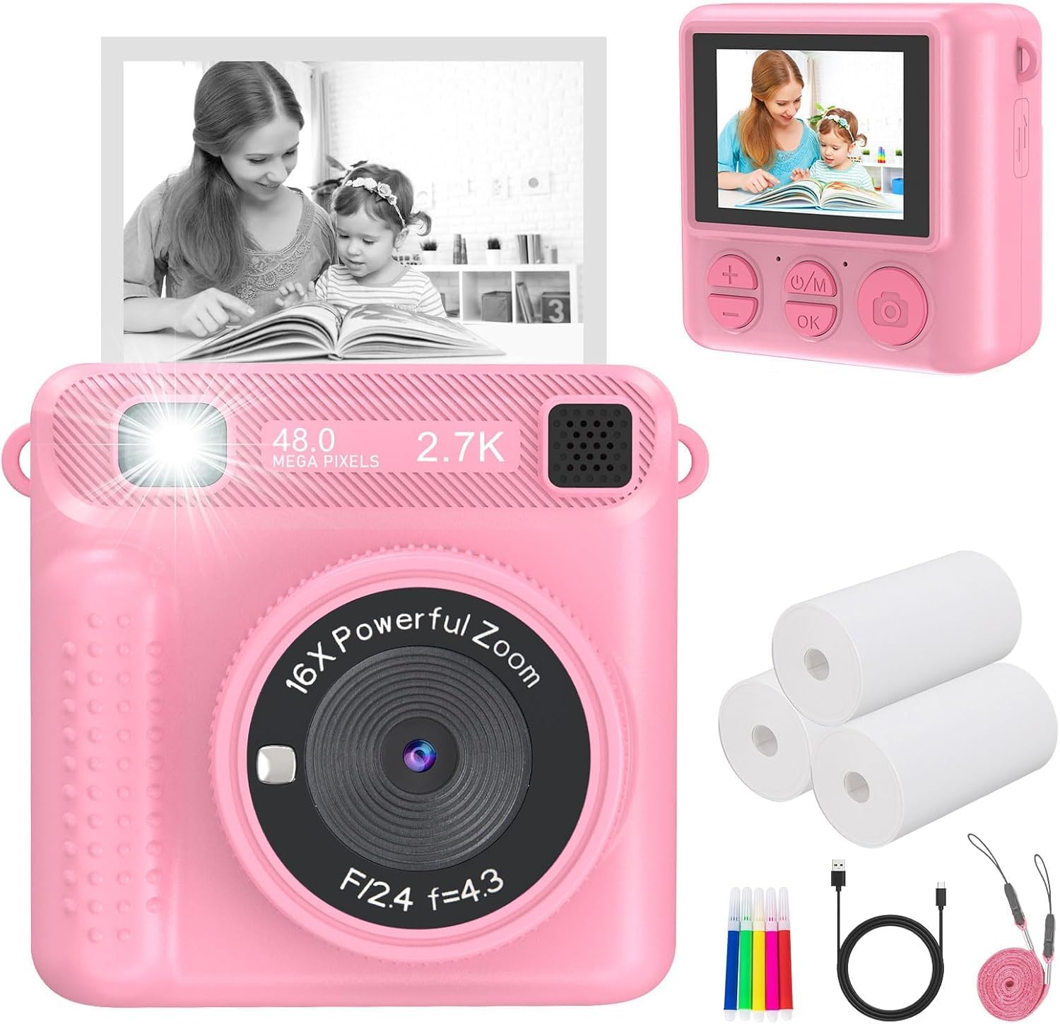 Camera For Kids,Instant Print Camera Portable Video Camera Toy For Girls & Boys,Hd Digital Video 32Gb Sd Card Birthday Gifts (Pink)