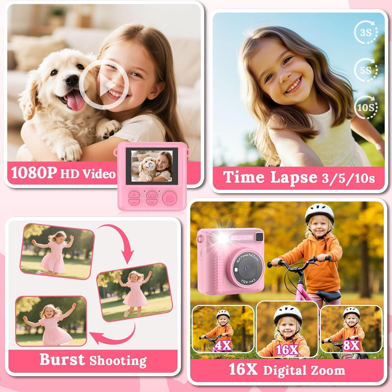 Camera For Kids,Instant Print Camera Portable Video Camera Toy For Girls & Boys,Hd Digital Video 32Gb Sd Card Birthday Gifts (Pink)