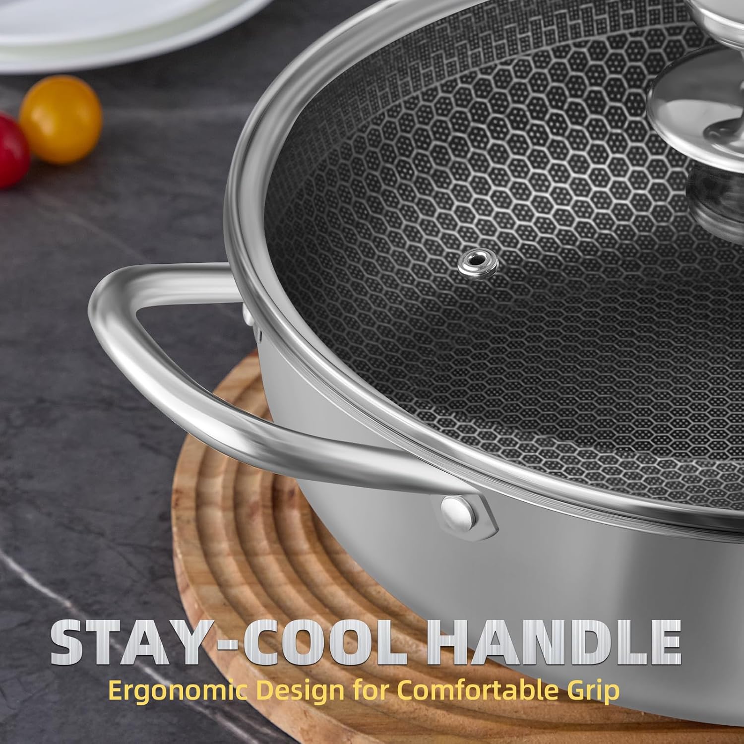 M.A&F's Stainless Steel Saute Pan, Cookware with Lid, 30CM Deep Frying Pan, Nonstick Honeycomb Cooking Pot with Handles, Large Kadai Skillet, Wok Pan Compatible with All Cooktops, Dishwasher Safe