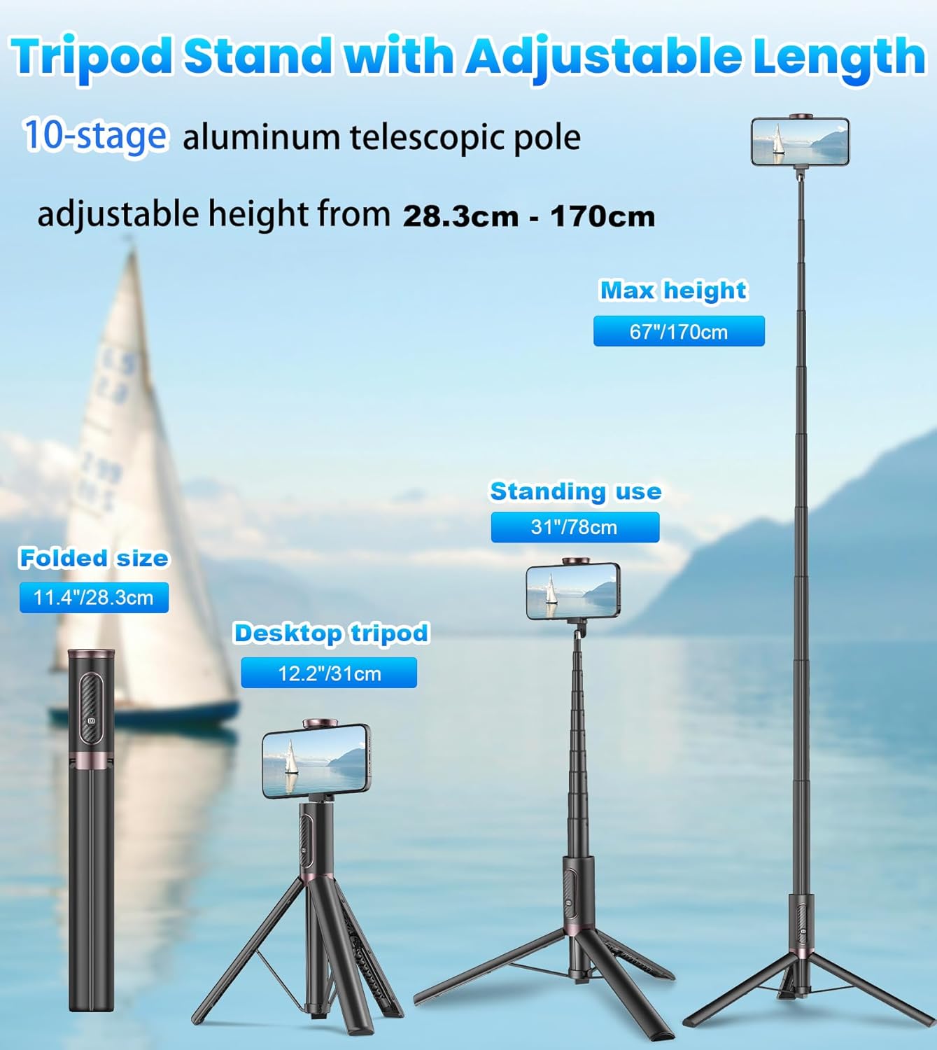 170cm Phone Tripod Selfie Stick, All-in-1 Phone Tripod Stand with Remote,Portable,Lightweight Tripod for for Selfies/Live/Video Recording/Travel-Black