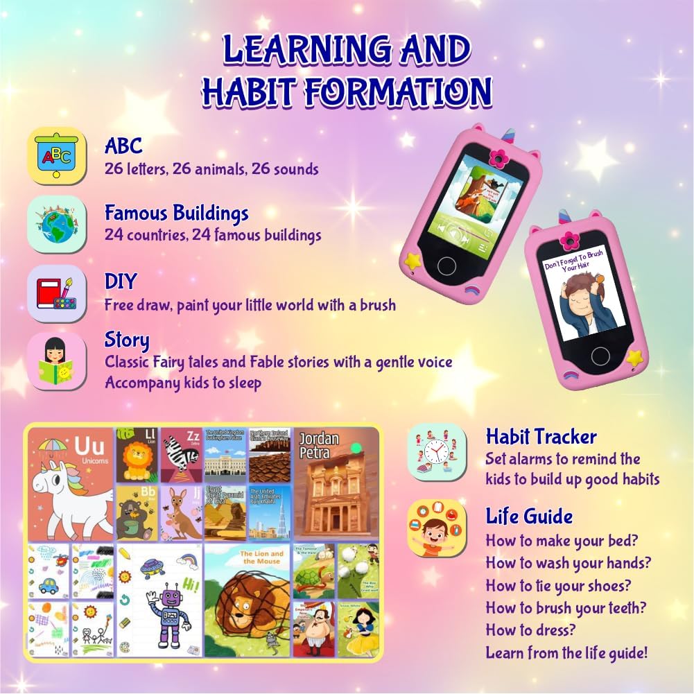M.A&F's Kids Smart Phone Toys for Girls Ages 3-8 Toddler Play Travel Toys with Dual Camera Educational Learning Game Puzzle MP3 Music Player Birthday Gift for Kids Girls 3 4 5 6 7 8 Year Old (8 GB)-Pink