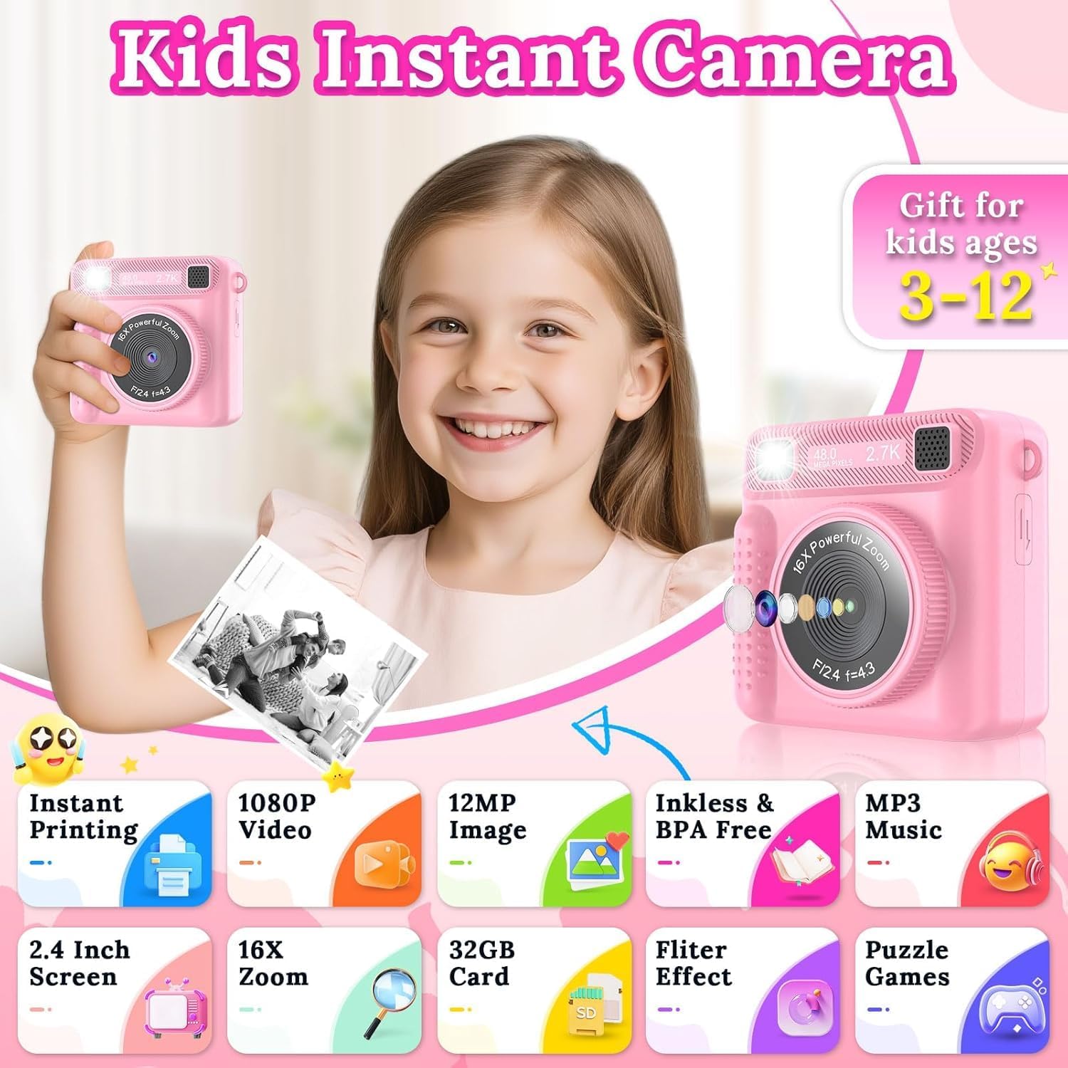 Camera For Kids,Instant Print Camera Portable Video Camera Toy For Girls & Boys,Hd Digital Video 32Gb Sd Card Birthday Gifts (Pink)