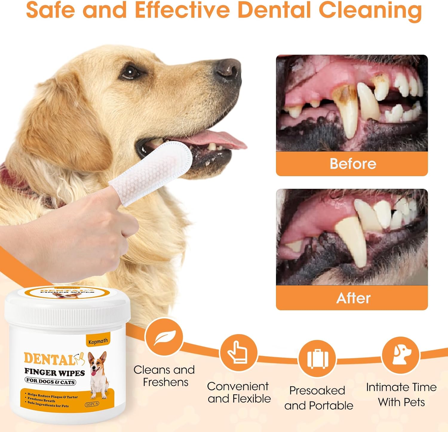 Dog&Cat Dental Wipes, Dog Teeth Cleaning Wipes, Reduce Plaque & Tartar, Freshen Breath, Pre-Soaked Pet Dental Care Finger Wipes for Dogs & Cats, Portable Disposable Dog Tooth Wipe Pad, 50 Count