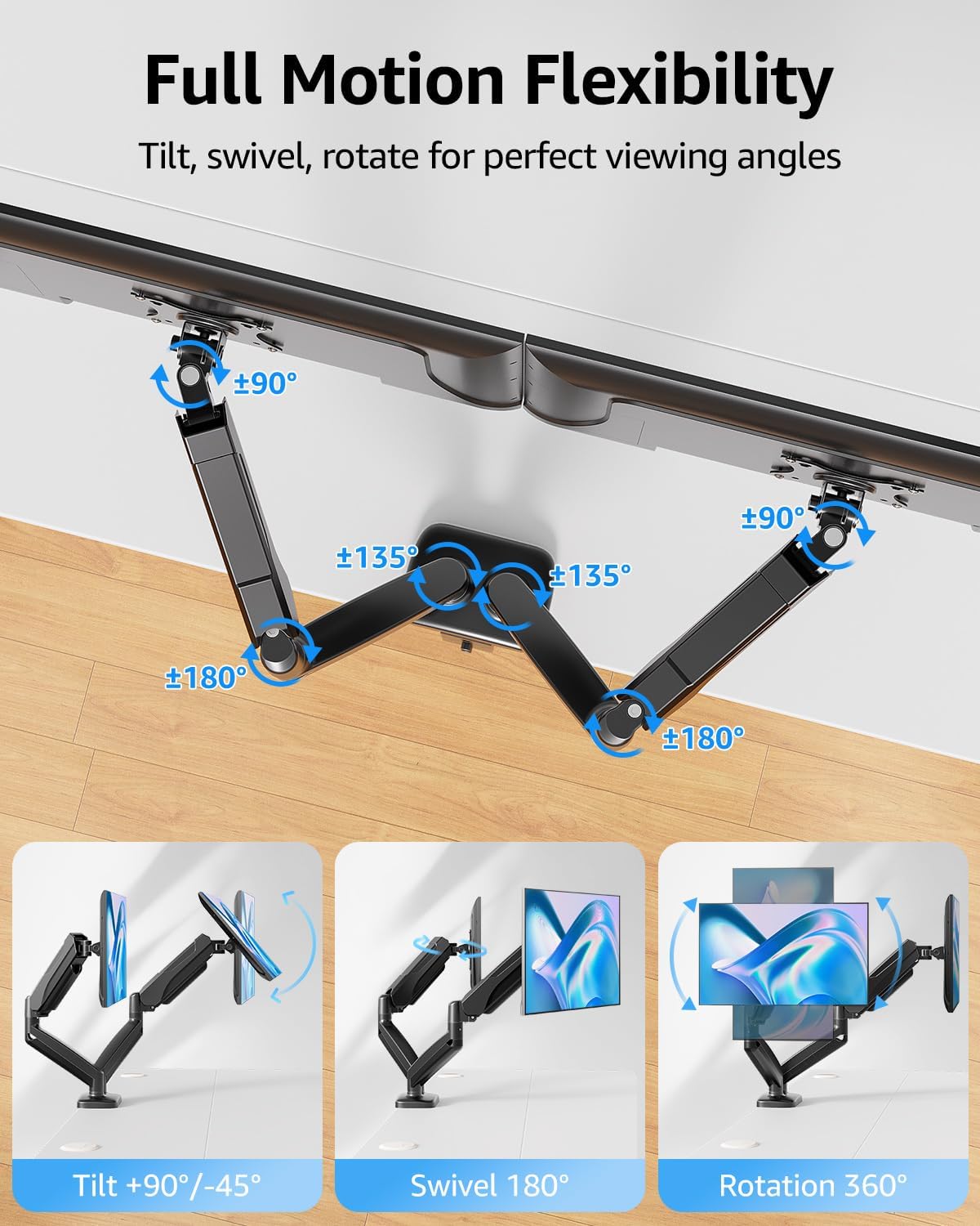 M.A&F's Dual Monitor Stand for Desk, Adjustable Gas Spring Double Monitor Mount Holds 4.4-17.6 lbs and 13-32 Inch Screens, Monitor Arms for 2 Monitors, VESA 75x75 100x100 with C-clamp& Grommet, Black
