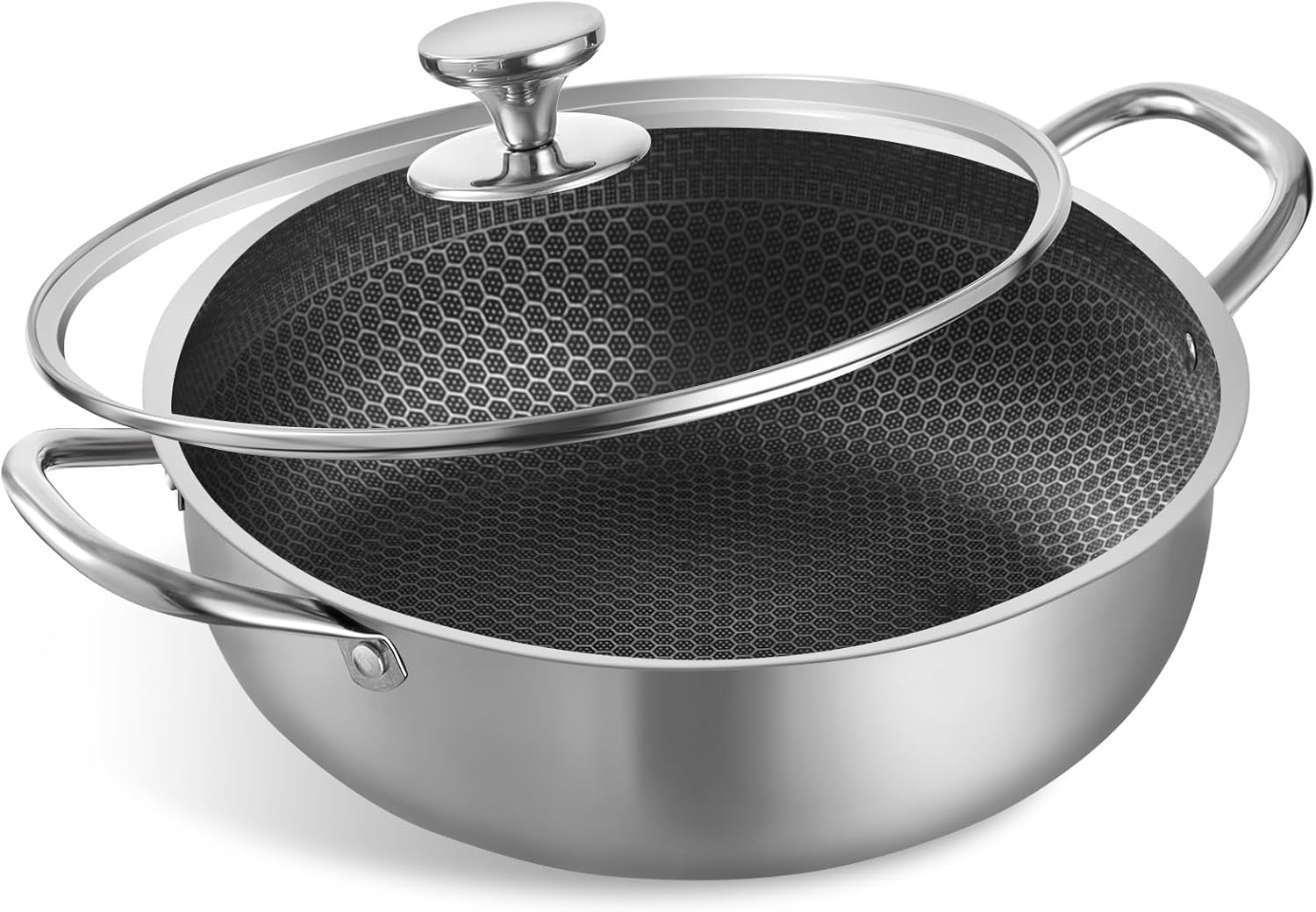 M.A&F's Stainless Steel Saute Pan, Cookware with Lid, 30CM Deep Frying Pan, Nonstick Honeycomb Cooking Pot with Handles, Large Kadai Skillet, Wok Pan Compatible with All Cooktops, Dishwasher Safe