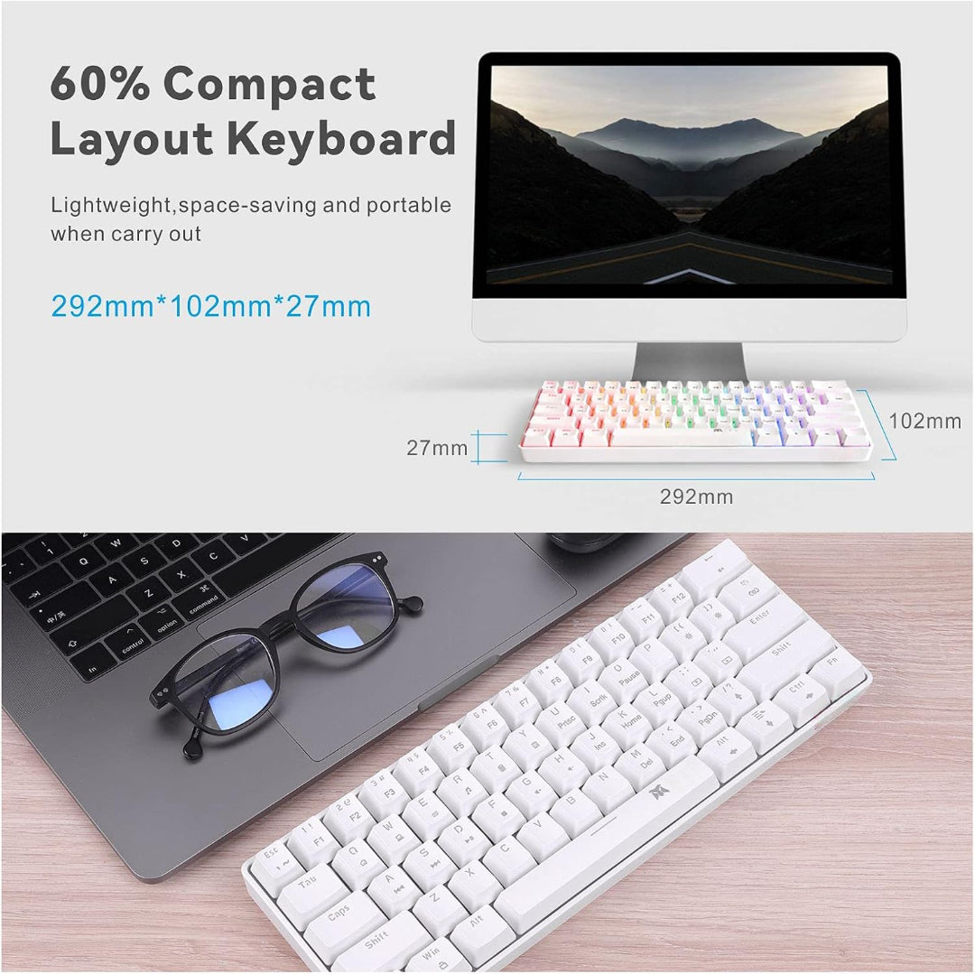 M.A&F's Mechanical Gaming Keyboard, 61 Keys Ultral Compact Wired Keyboard with Blue Switches and RGB Backlit for iOS, Android and Windows, White