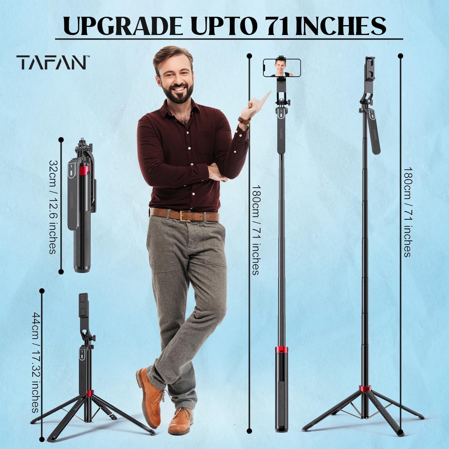 M.A&F's 180cm Selfie Stick Tripod, All in One Extendable Phone Tripod Stand with 360° Rotation for iPhone and Android Phone Selfies-Vlogging, Live Streaming.