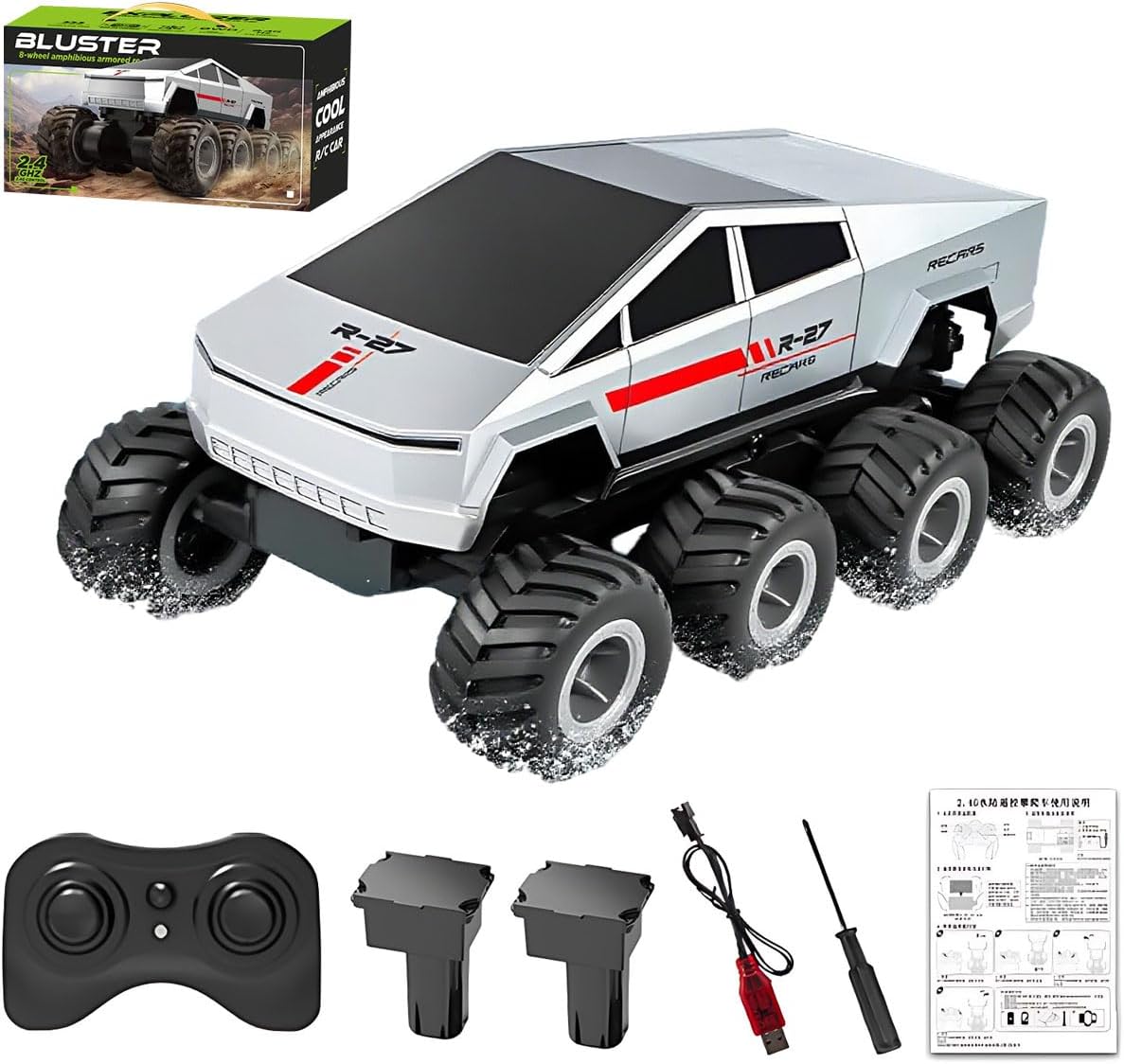 M.A&F's Amphibious Remote Control Car, 8WD 2.4GHz 1:18 Electric Vehicle Toy Off-Road Monster Truck with 2 Batteries, Waterproof Omni-Direction High-Speed Pickup All Terrain RC Jeep Gift for Boy Girl Age 6+