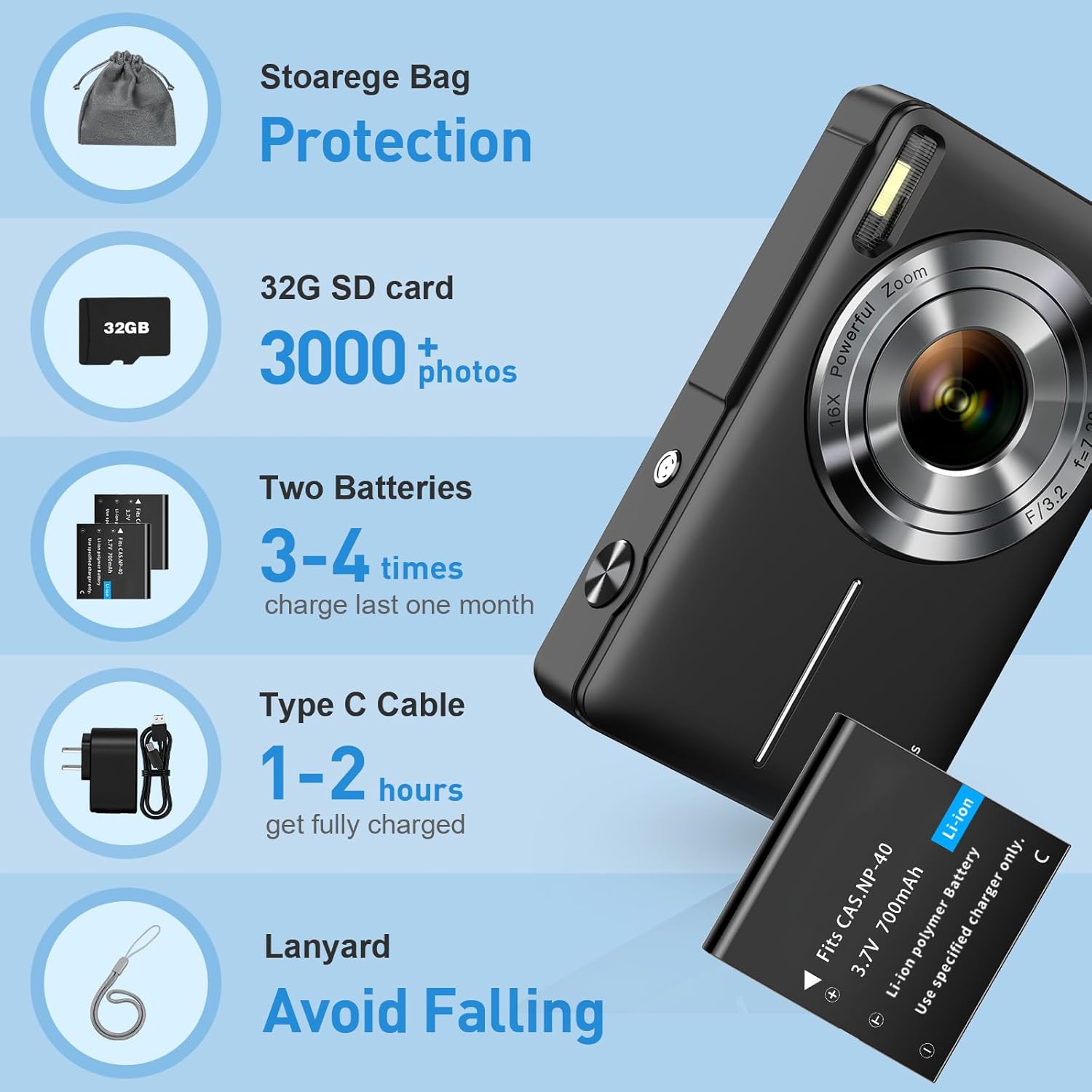 M.A&F's Digital Camera, FHD 1080P Kids Camera 44MP Point and Shoot Digital Cameras with 32GB SD Card, 16X Zoom, Two Batteries, Lanyard, Compact Small Camera for Kids Boys Girls, Black