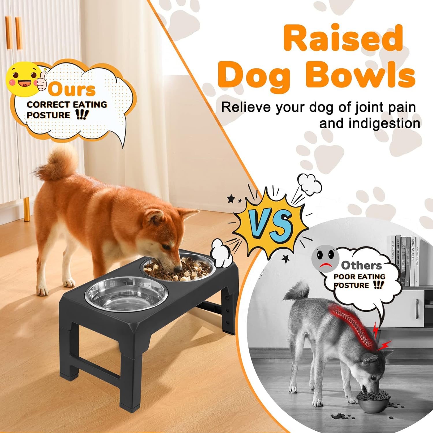 M.A&F's Adjustable Elevated Dog Bowl, with 2 Stainless Steel 1.5L Dog Bowl Vertical Feeding and Detachable Double Bowl Stand Antiskid Splash Proof, for All Small, Medium and Large Pets (Black-3)