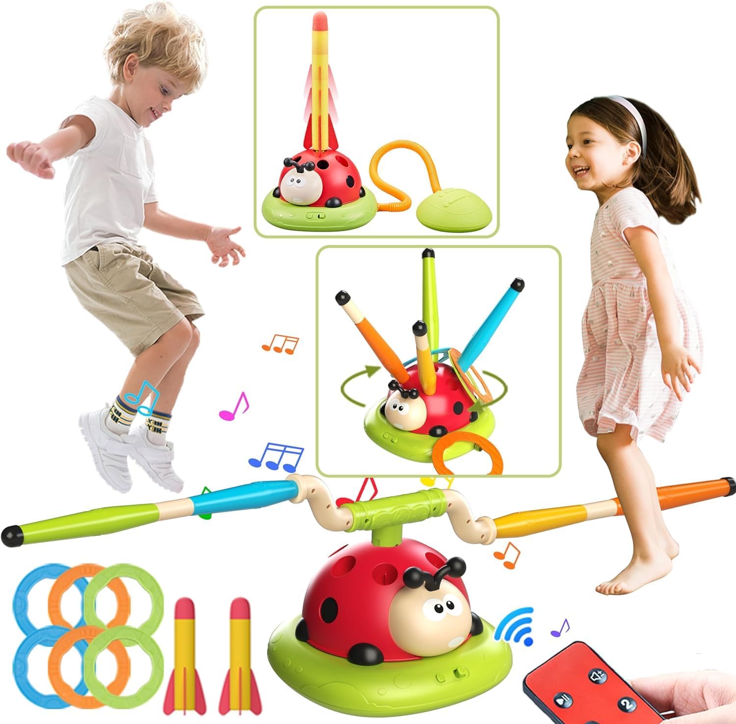 3 in 1 Musical Rope Jump Toy, Ring Toss Game Toy, Stomp & Launch Rocket Launcher, Electronic Fitness Jump Rope Toy for Kids, Kids Toy Sports & Indoor Outdoor Game for 3-5, 6-8,10+ Year Old Boys Girls