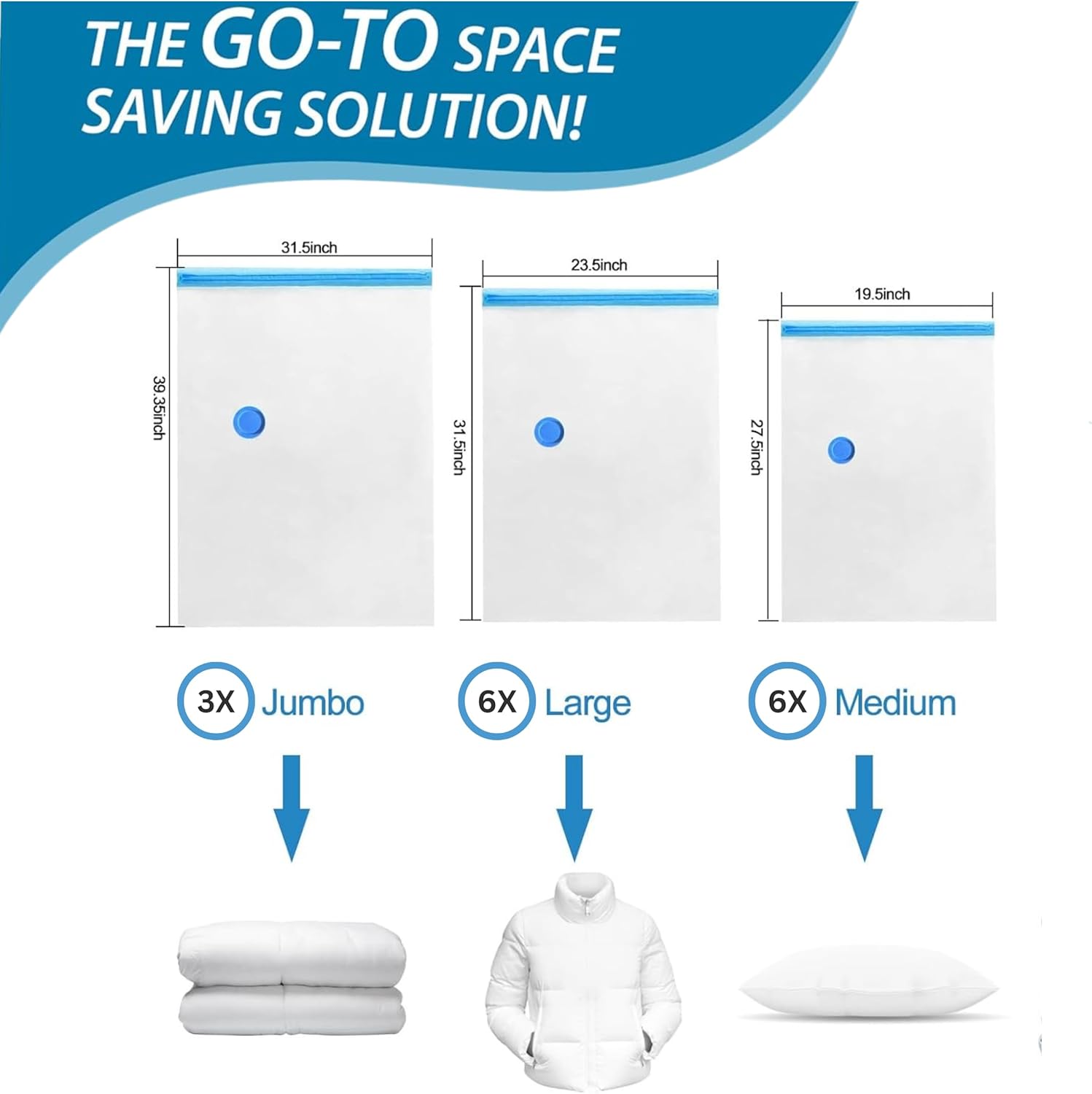 M.A&F's Vacuum Storage Bags - Pack of 18 (3Jumbo/6 Large/6 Medium/3 Pumps) Re-usable Travel Compression Storage Bags For Clothes, Comforters & Blankets - Space Saver Bags with Hand Pump