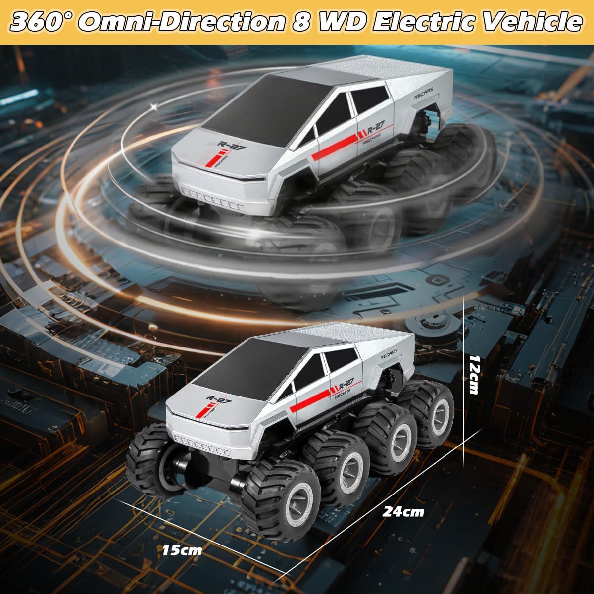 M.A&F's Amphibious Remote Control Car, 8WD 2.4GHz 1:18 Electric Vehicle Toy Off-Road Monster Truck with 2 Batteries, Waterproof Omni-Direction High-Speed Pickup All Terrain RC Jeep Gift for Boy Girl Age 6+