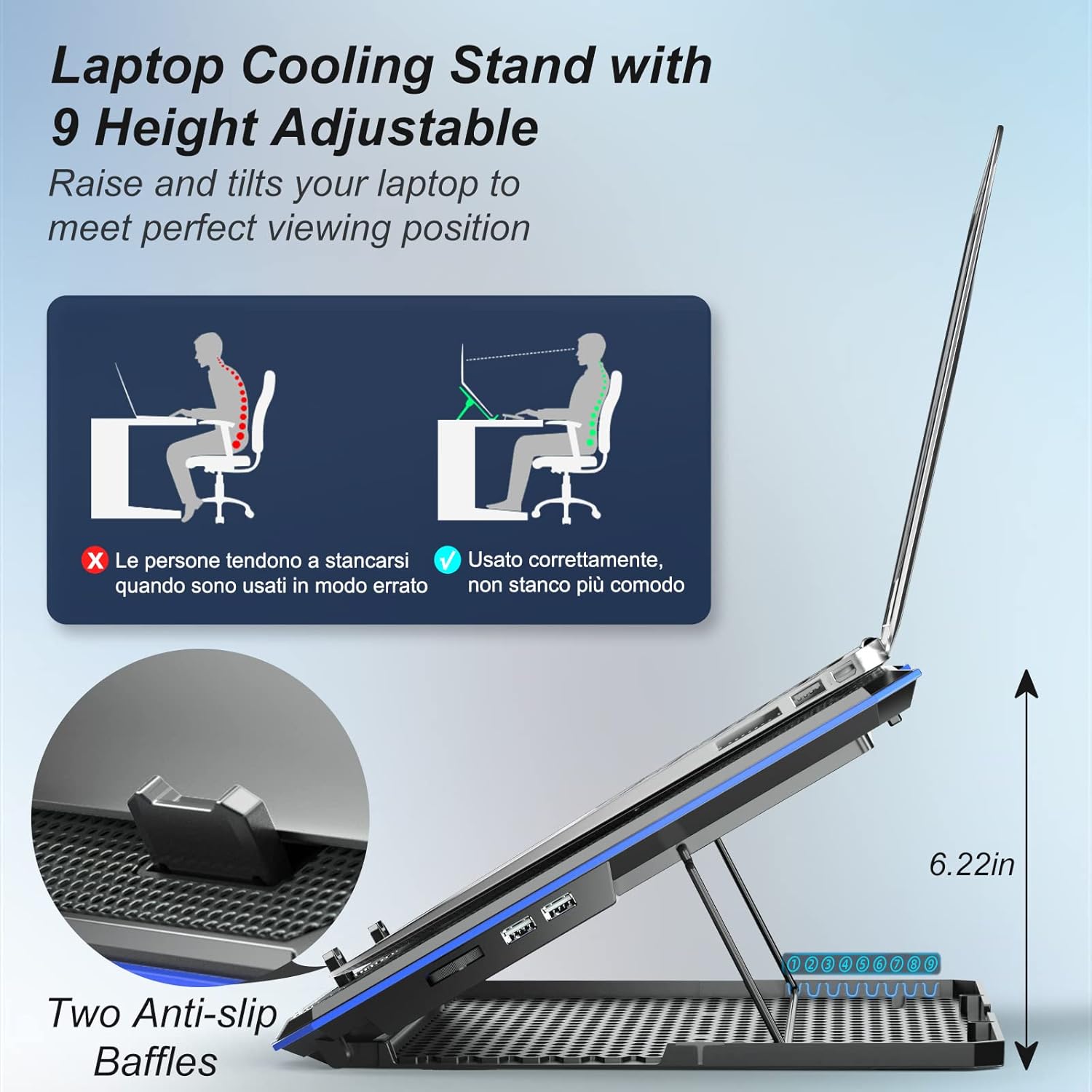 M.A&F's Laptop Cooler Pad with 6 Quiet Fans, Blue, for Laptops 11-17.3 Inch, Adjustable Height, No Lights, USB Powered