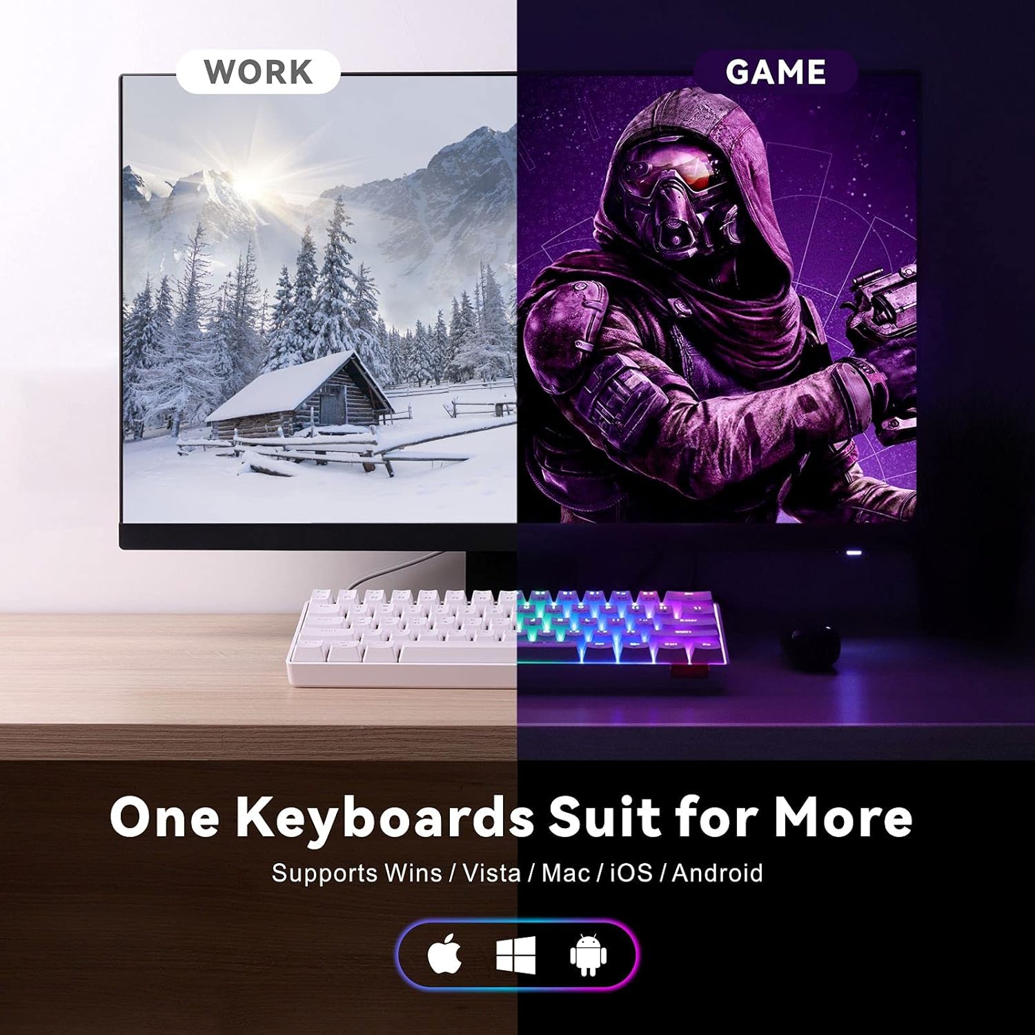 M.A&F's Mechanical Gaming Keyboard, 61 Keys Ultral Compact Wired Keyboard with Blue Switches and RGB Backlit for iOS, Android and Windows, White