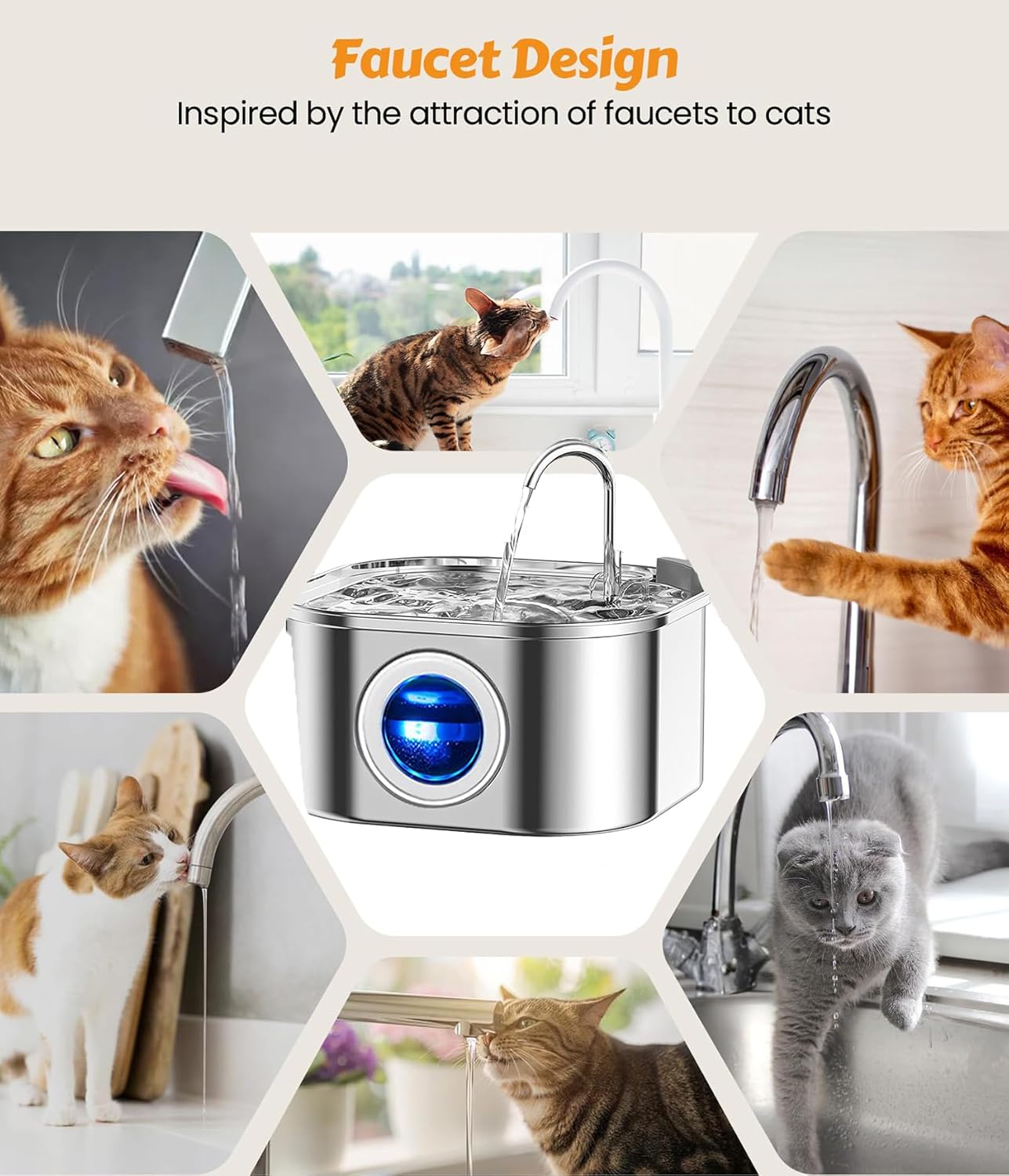 M.A&F's Cat Water Fountain,Stainless Steel Pet Fountain with Quiet Pump,3.2L/108oz Large Capacity Pet Water Dispenser Suitable for Indoor Use (A)