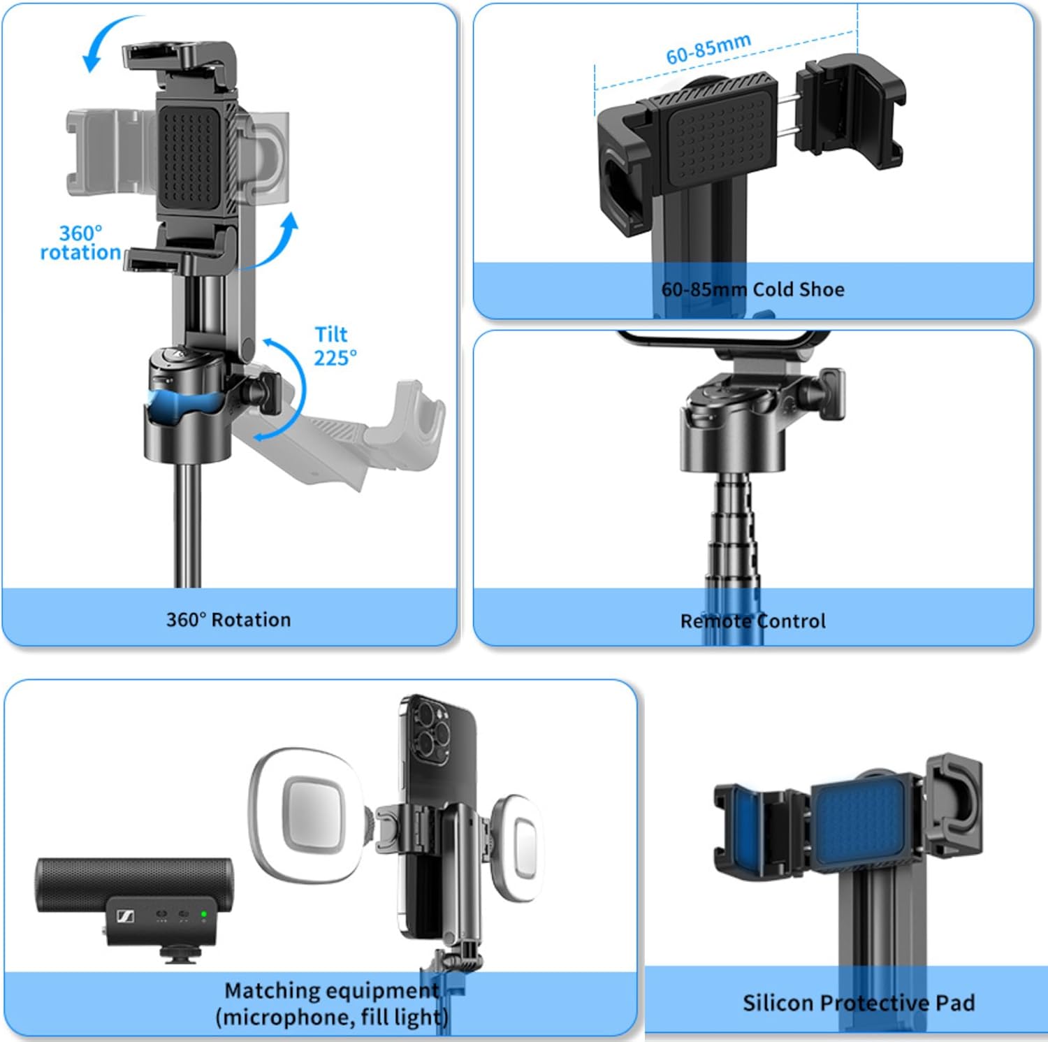 Mini Selfie Stick Tripod with Remote, 3-in-1 Portable Phone Tripod Grip with 2 Cold Shoe Mounts, 360° Rotation Pocket Size Phone Holder for iPhone, Android, Vlog, Livestreaming, Photography (P15 MINI)