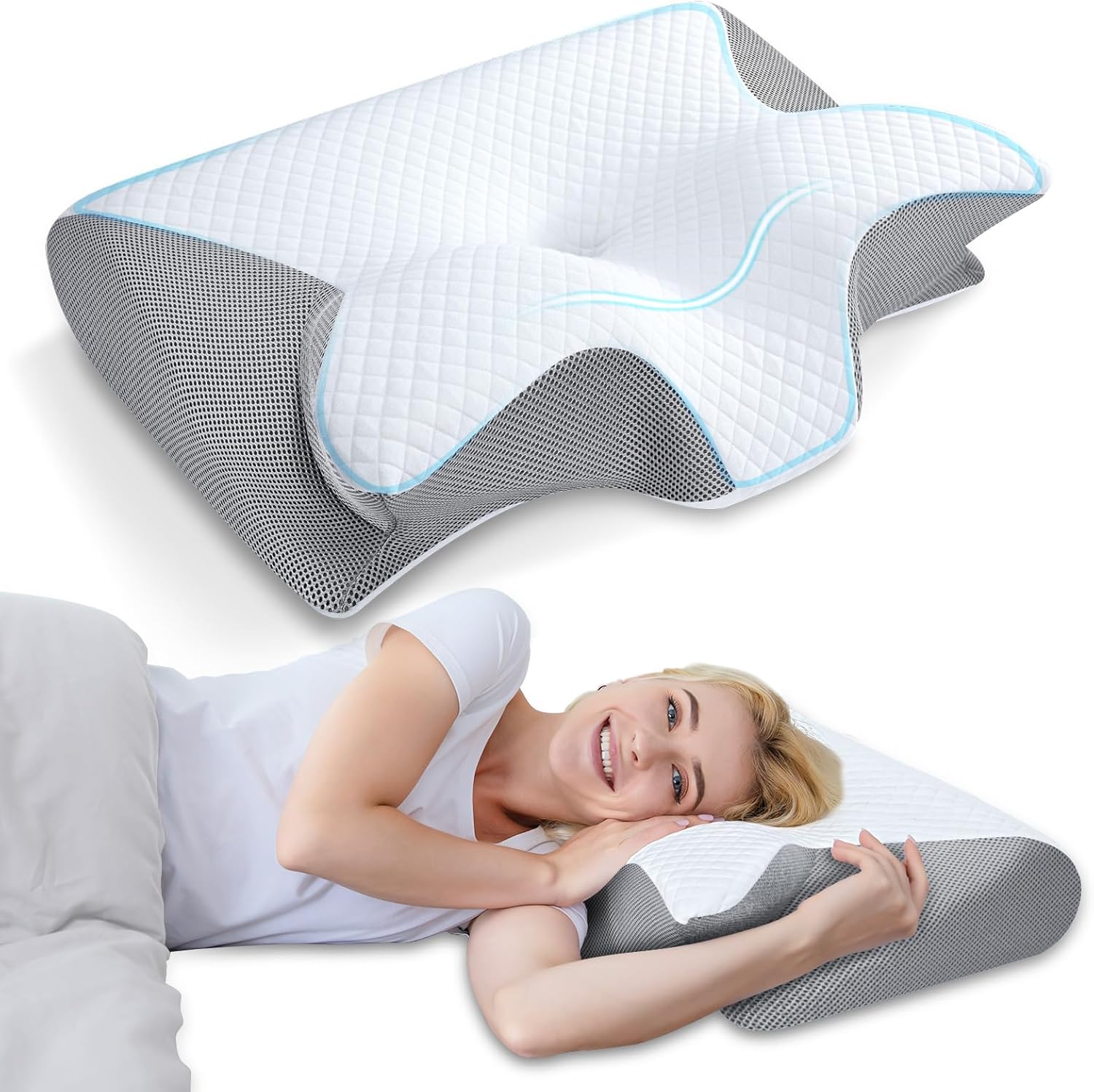 M.A&F's Memory Foam Cervical Pillow, 2 in 1 Ergonomic Contour Orthopedic Pillow for Neck Pain, Contoured Support Pillows for Side Back Stomach Sleepers